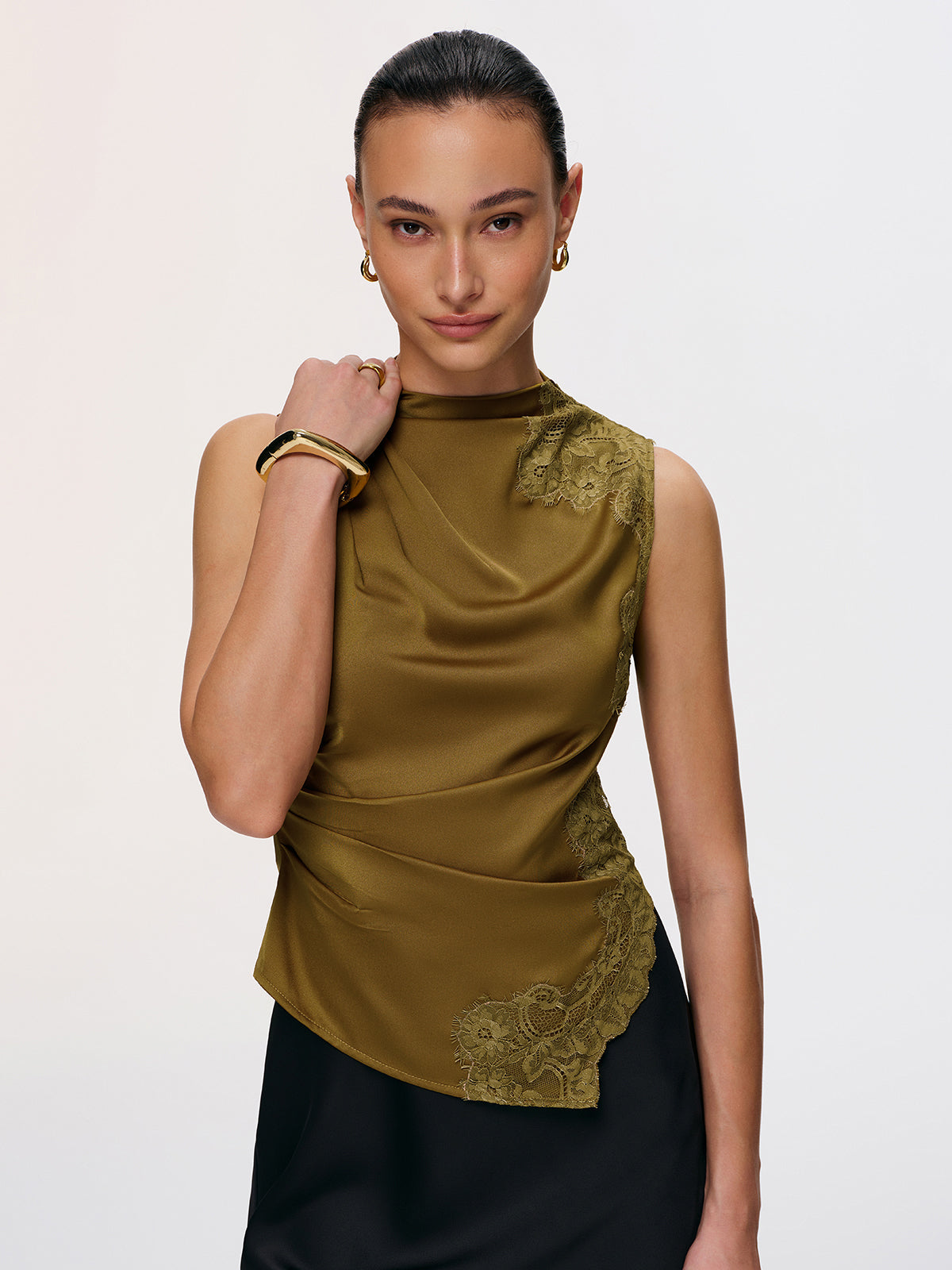 Lace Panel Ruched Side-Slit Satin Blouse