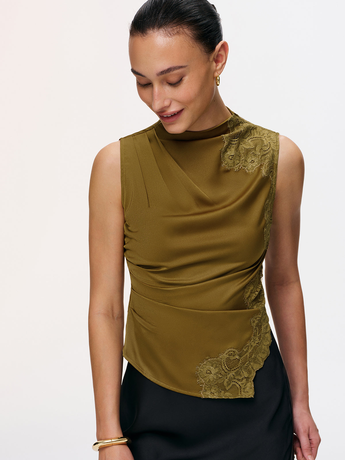 Lace Panel Ruched Side-Slit Satin Blouse