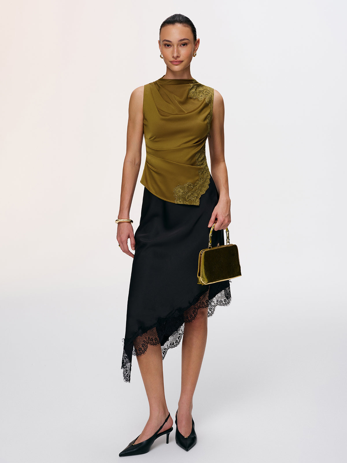 Lace Panel Ruched Side-Slit Satin Blouse