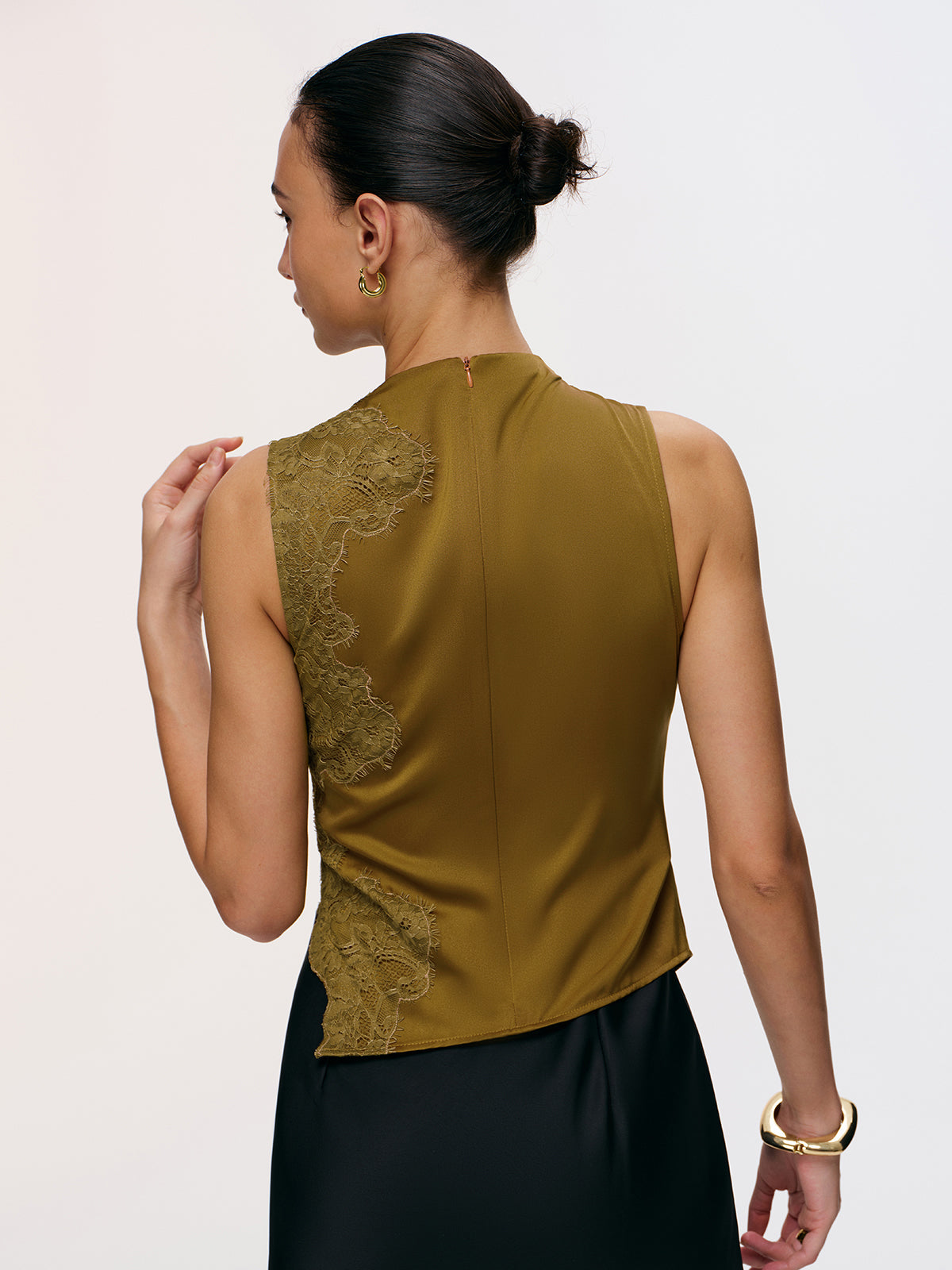 Lace Panel Ruched Side-Slit Satin Blouse