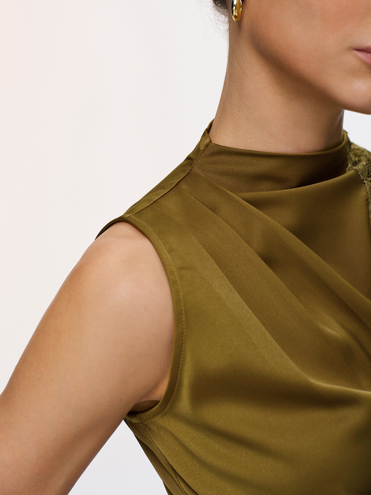 Lace Panel Ruched Side-Slit Satin Blouse