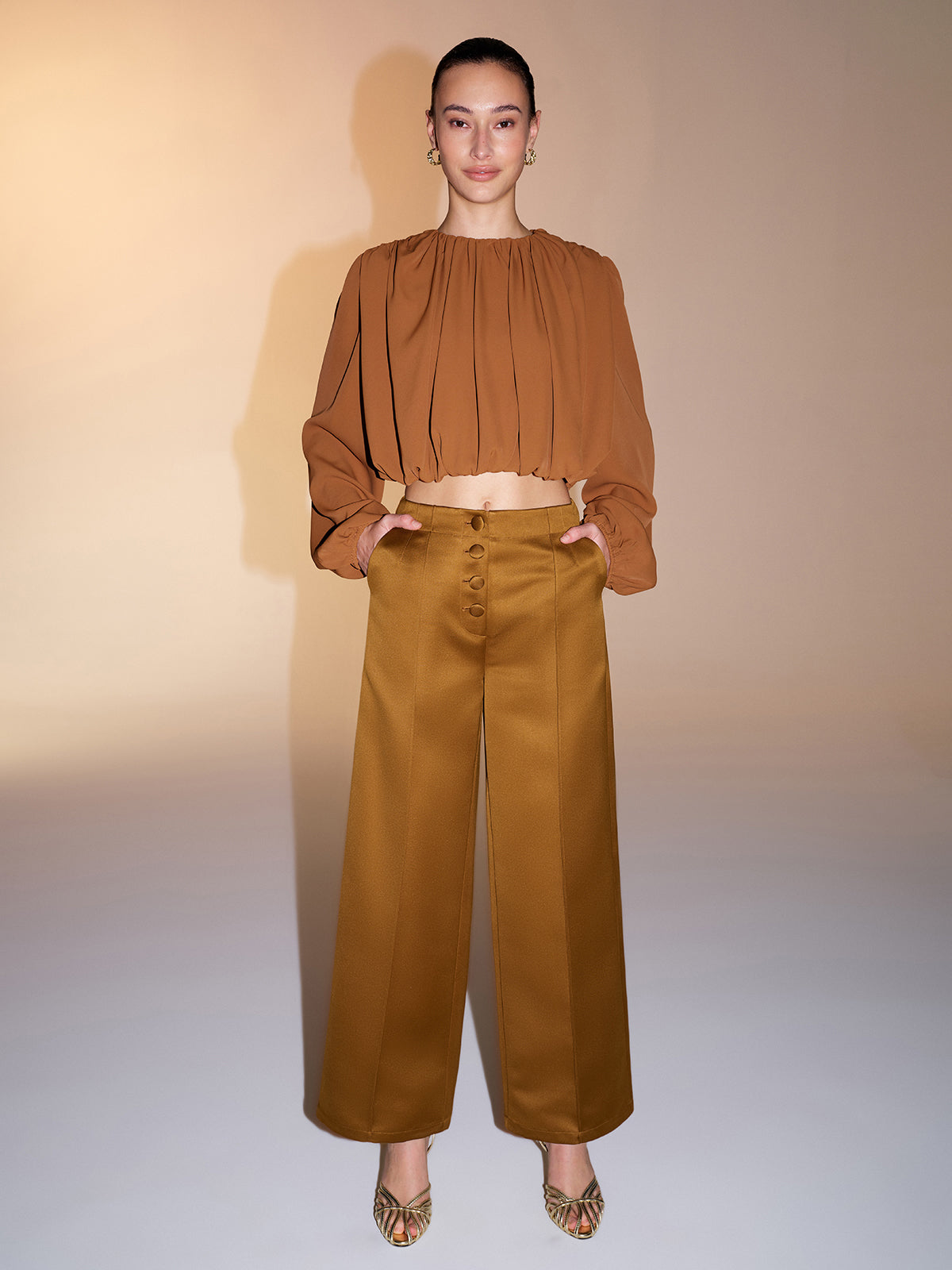 Button Detail Satin Wide-Leg Pants