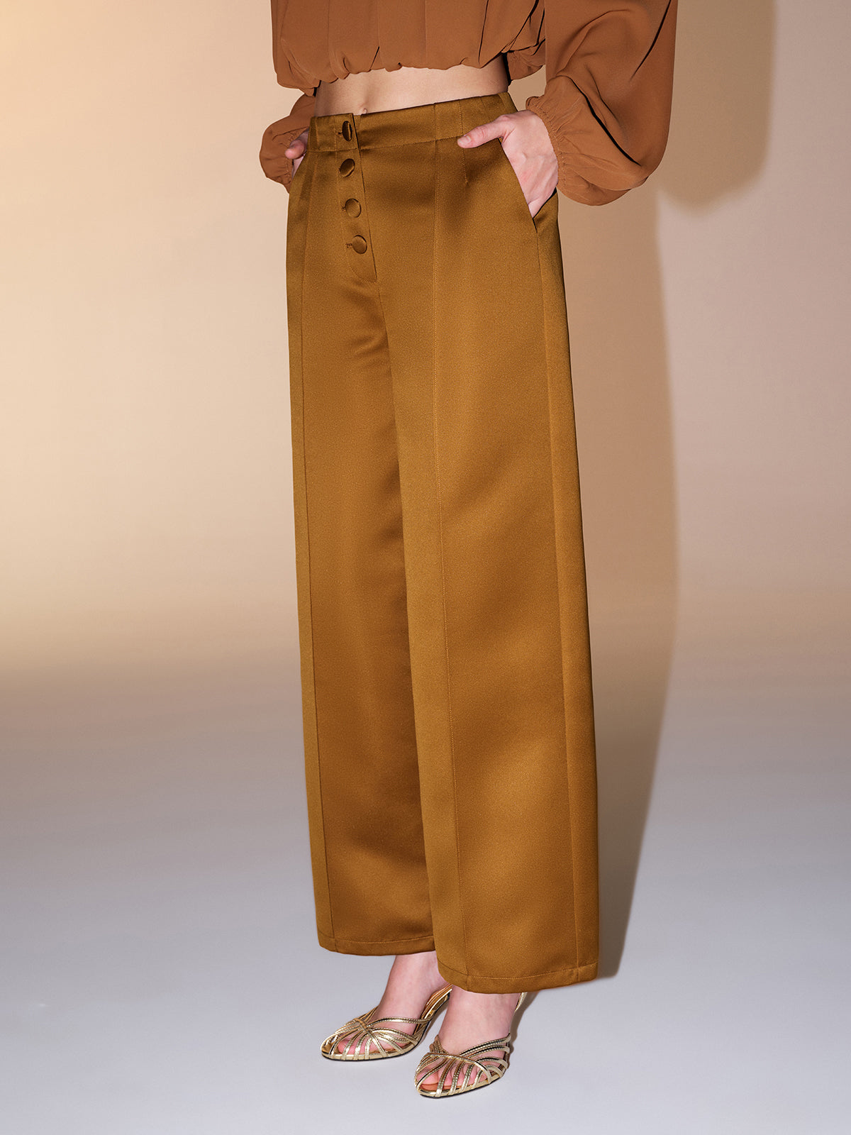 Button Detail Satin Wide-Leg Pants