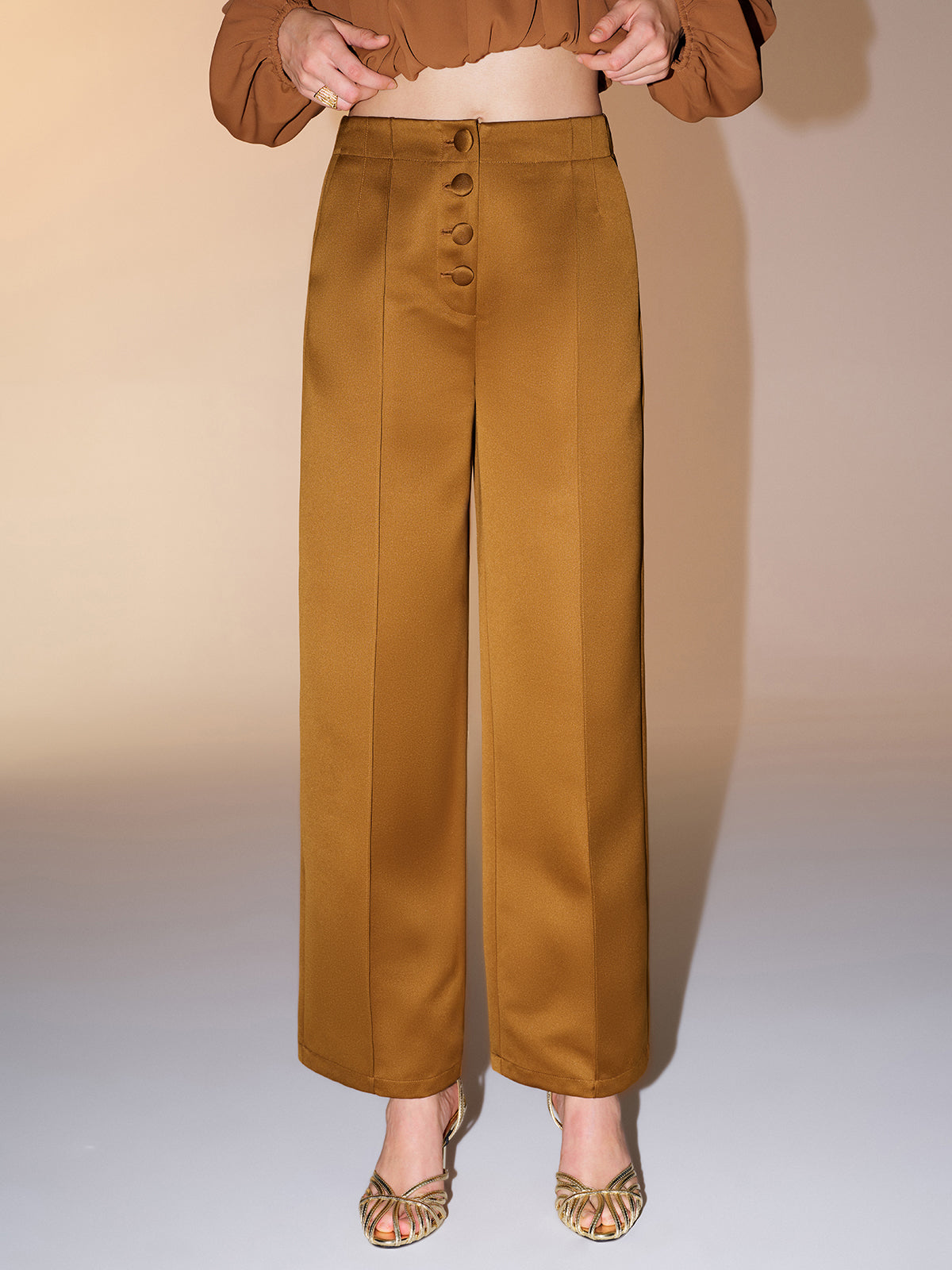 Button Detail Satin Wide-Leg Pants