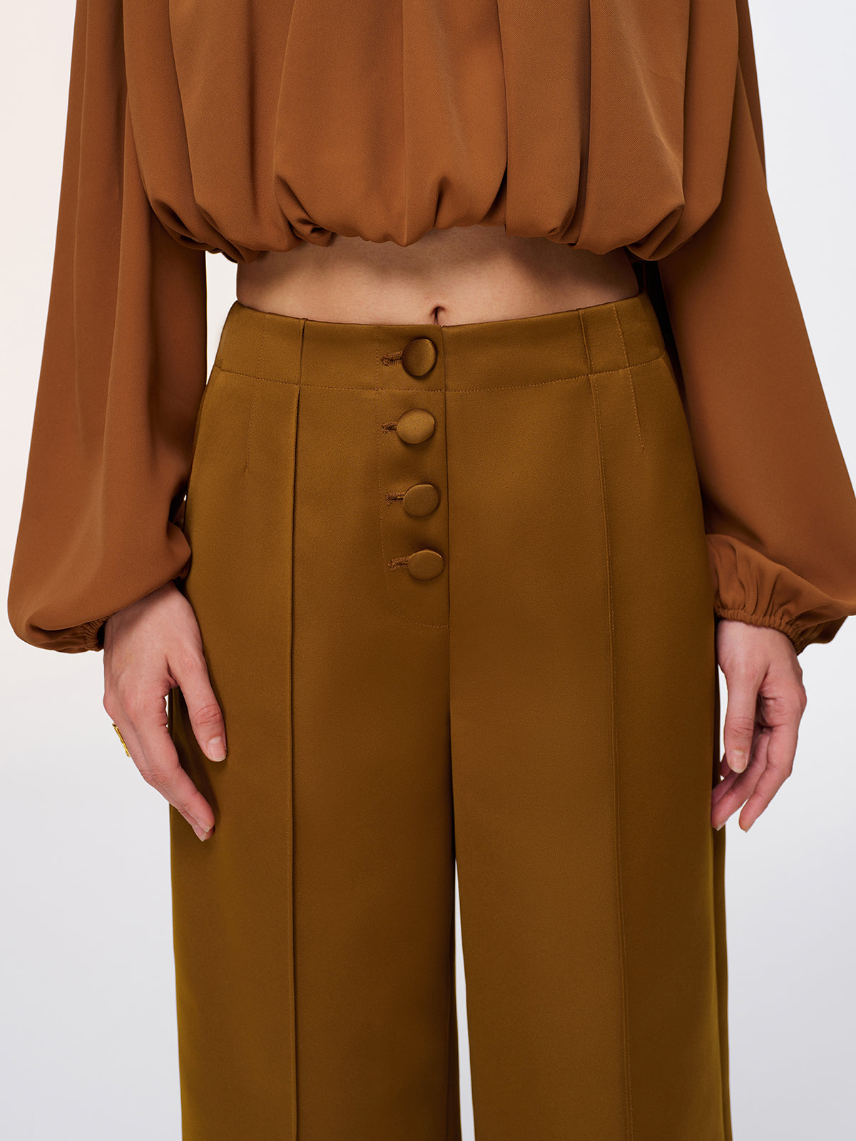 Button Detail Satin Wide-Leg Pants