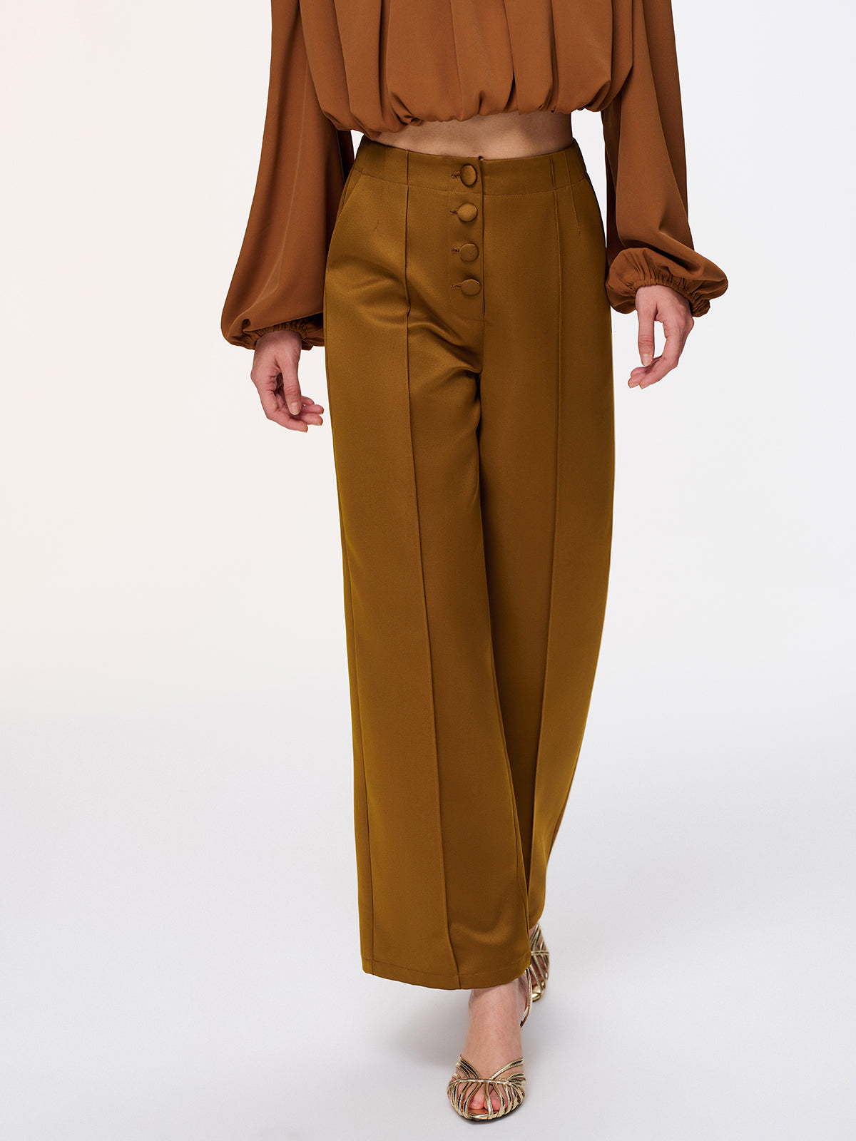 Button Detail Satin Wide-Leg Pants