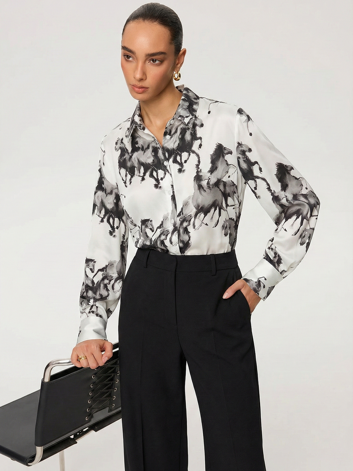 Horse Print Satin Knot-Front Long Sleeve Shirt