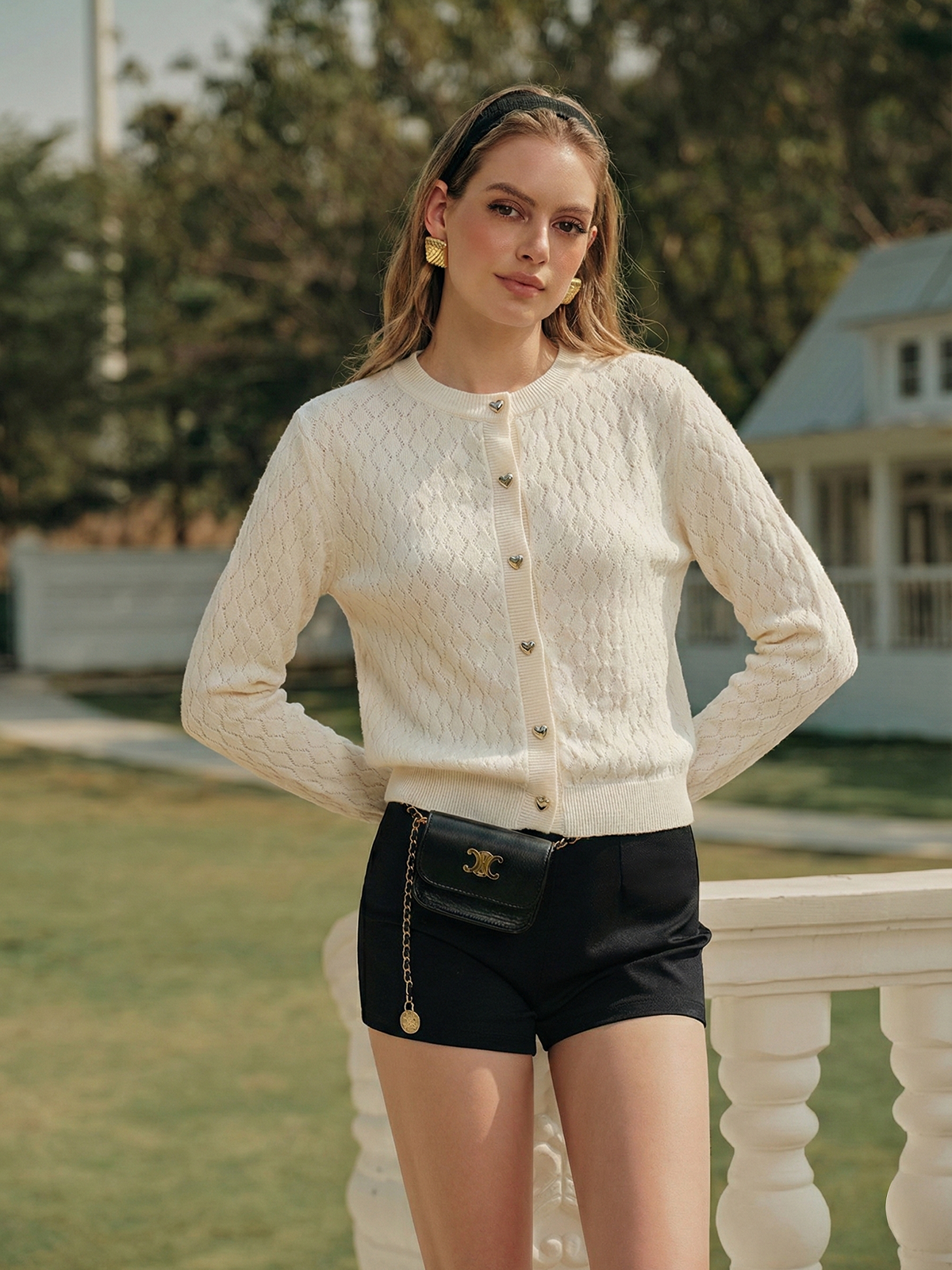 Heart Button Crochet Openwork Knit Cardigan