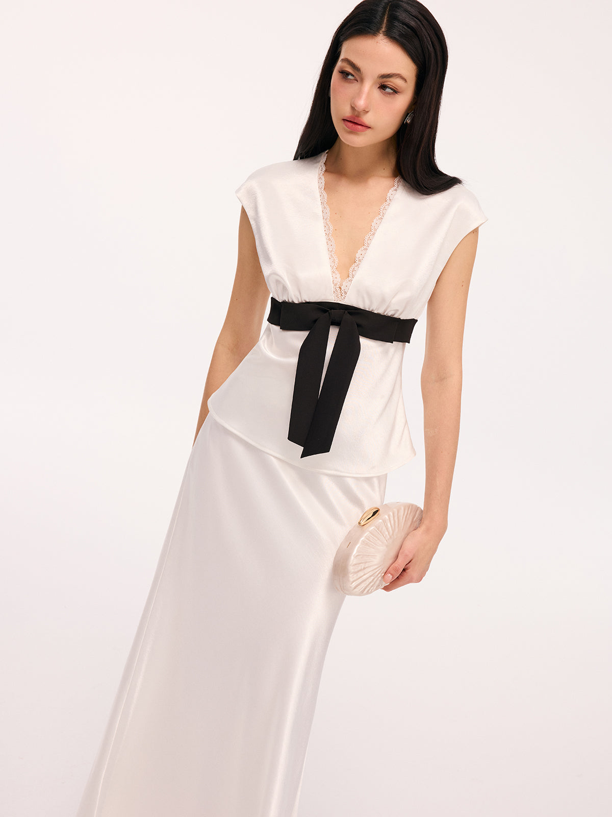 Satin Lace Trim Bow Top & Maxi Skirt Set