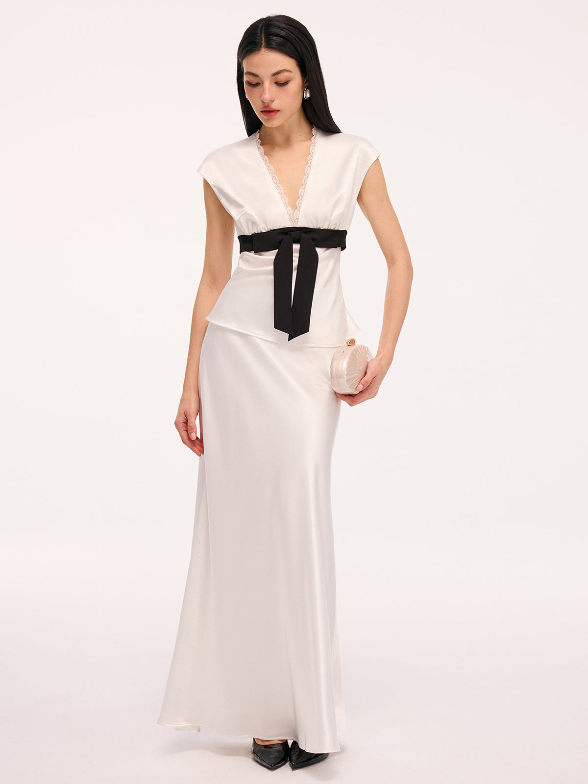 Satin Lace Trim Bow Top & Maxi Skirt Set