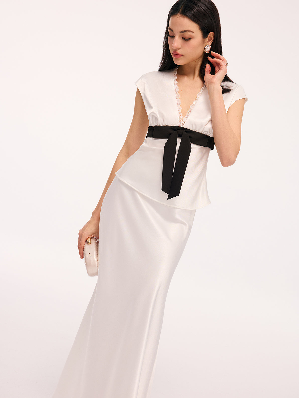 Satin Lace Trim Bow Top & Maxi Skirt Set