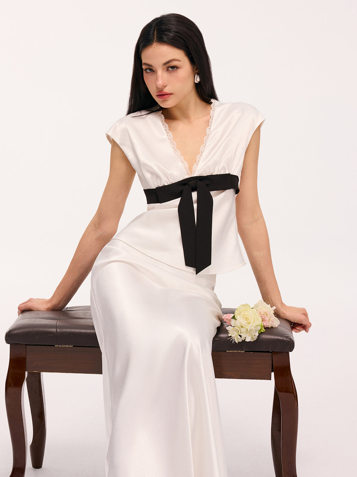 Satin Lace Trim Bow Top & Maxi Skirt Set