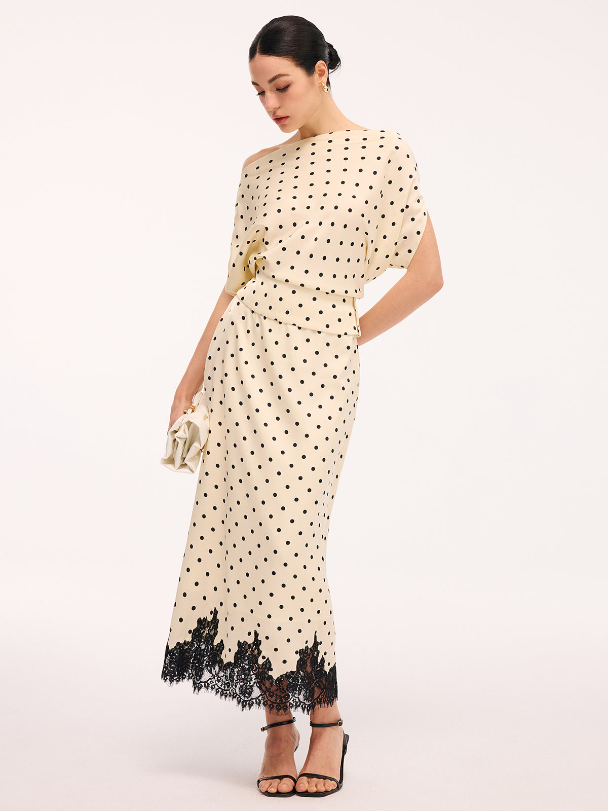 Polka Dot Top & Lace Trim Midi Skirt Set