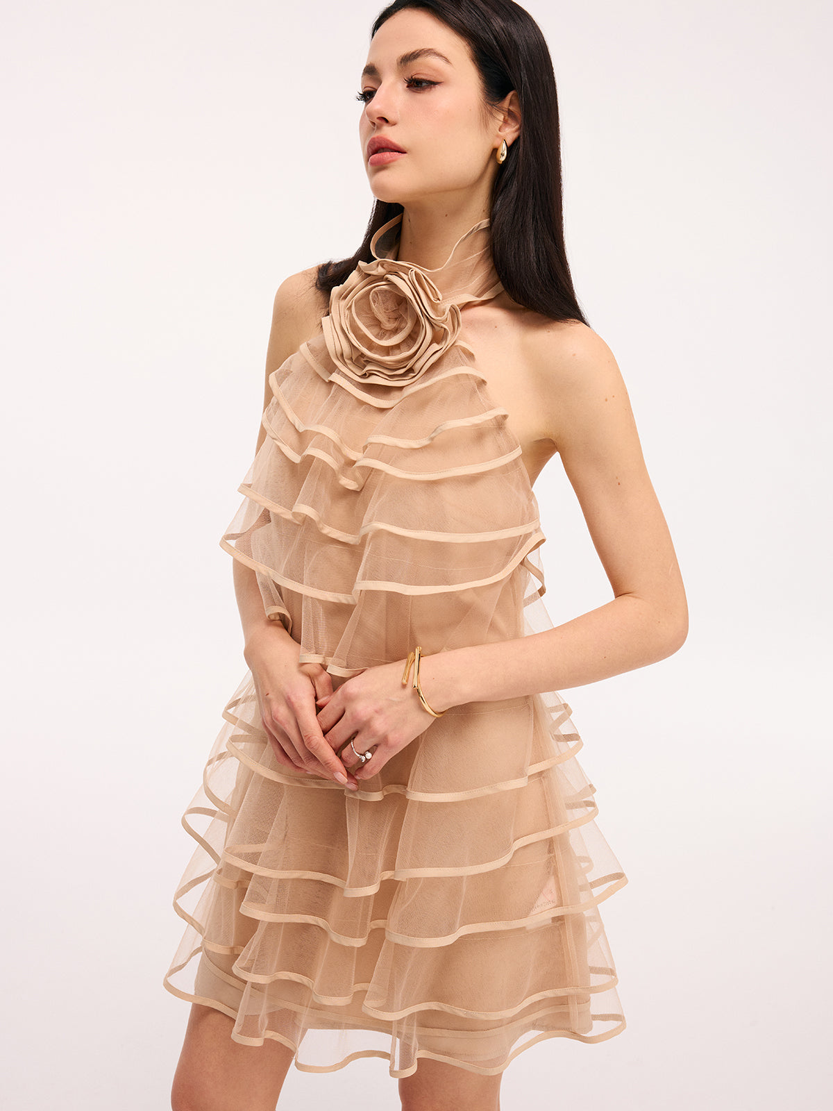 3D-Rosenbesetztes, mehrlagiges Tüll-Rüschen-Neckholder-Minikleid