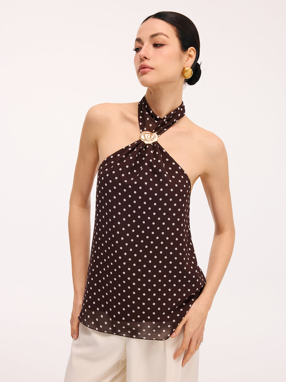 Metal Detail Backless Polka Dot Halter Top