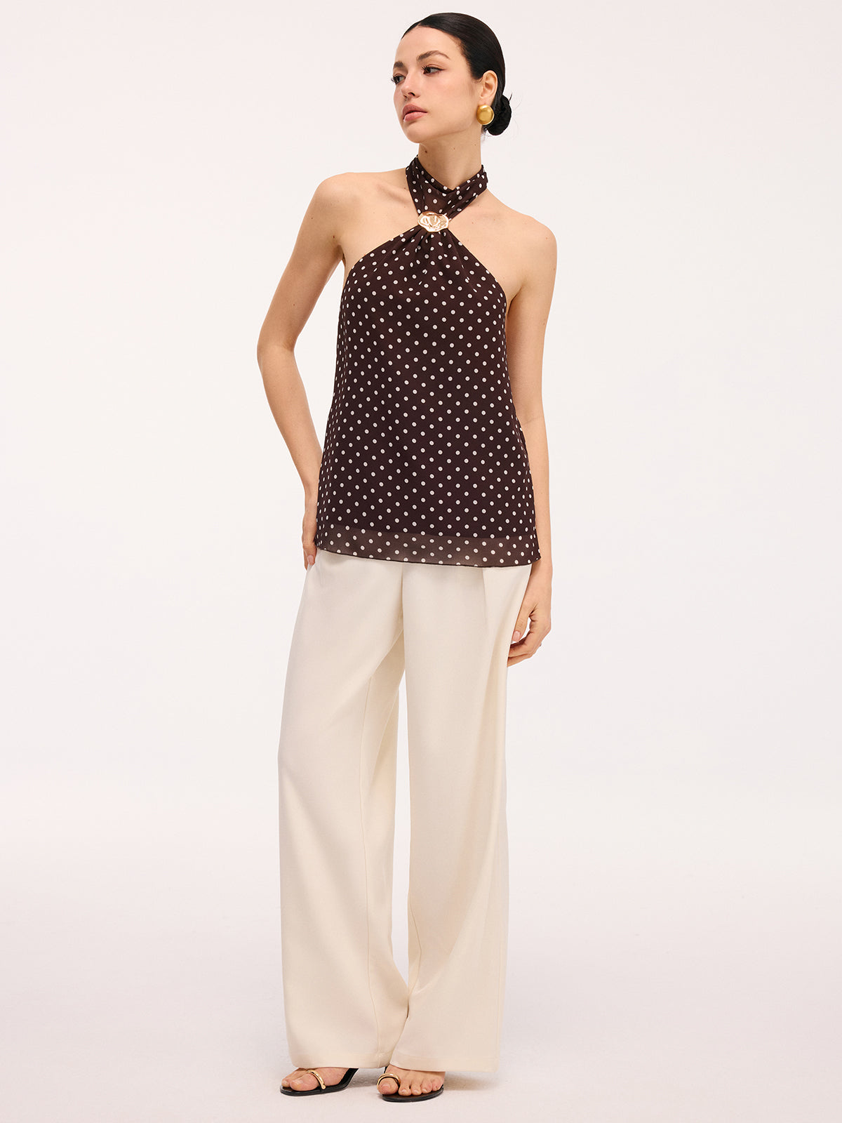 Metal Detail Backless Polka Dot Halter Top
