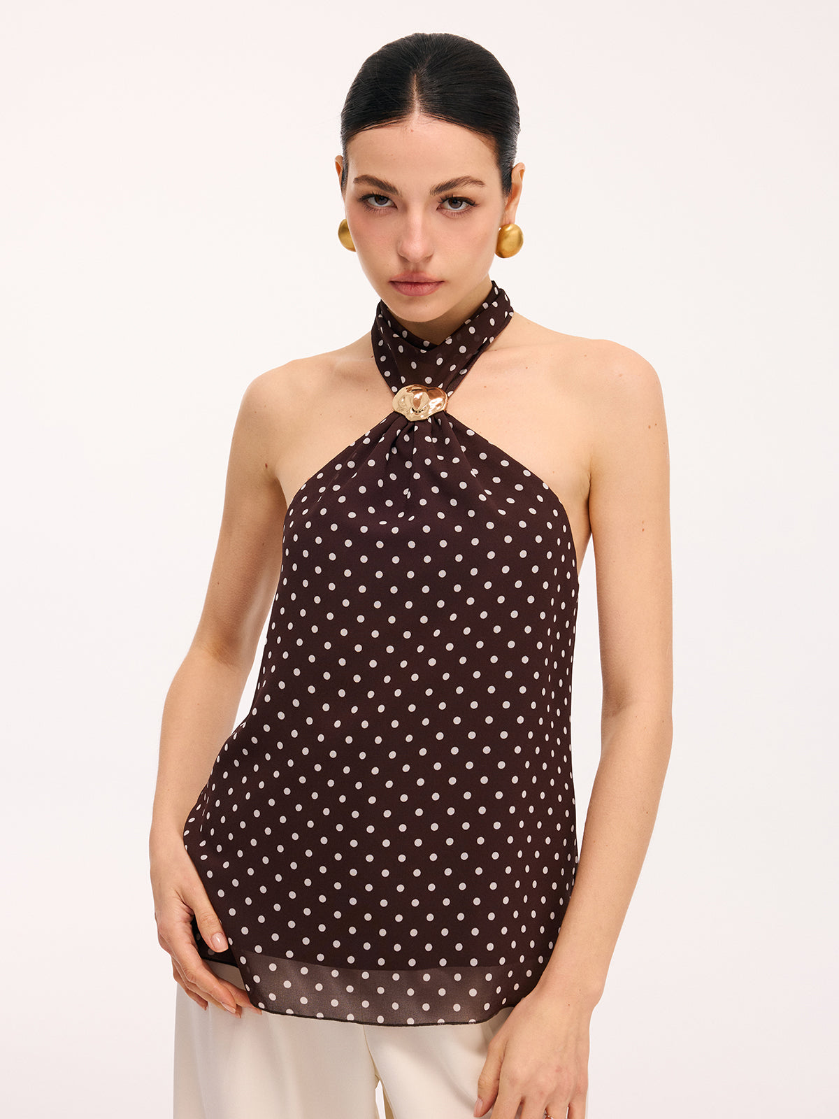 Metal Detail Backless Polka Dot Halter Top
