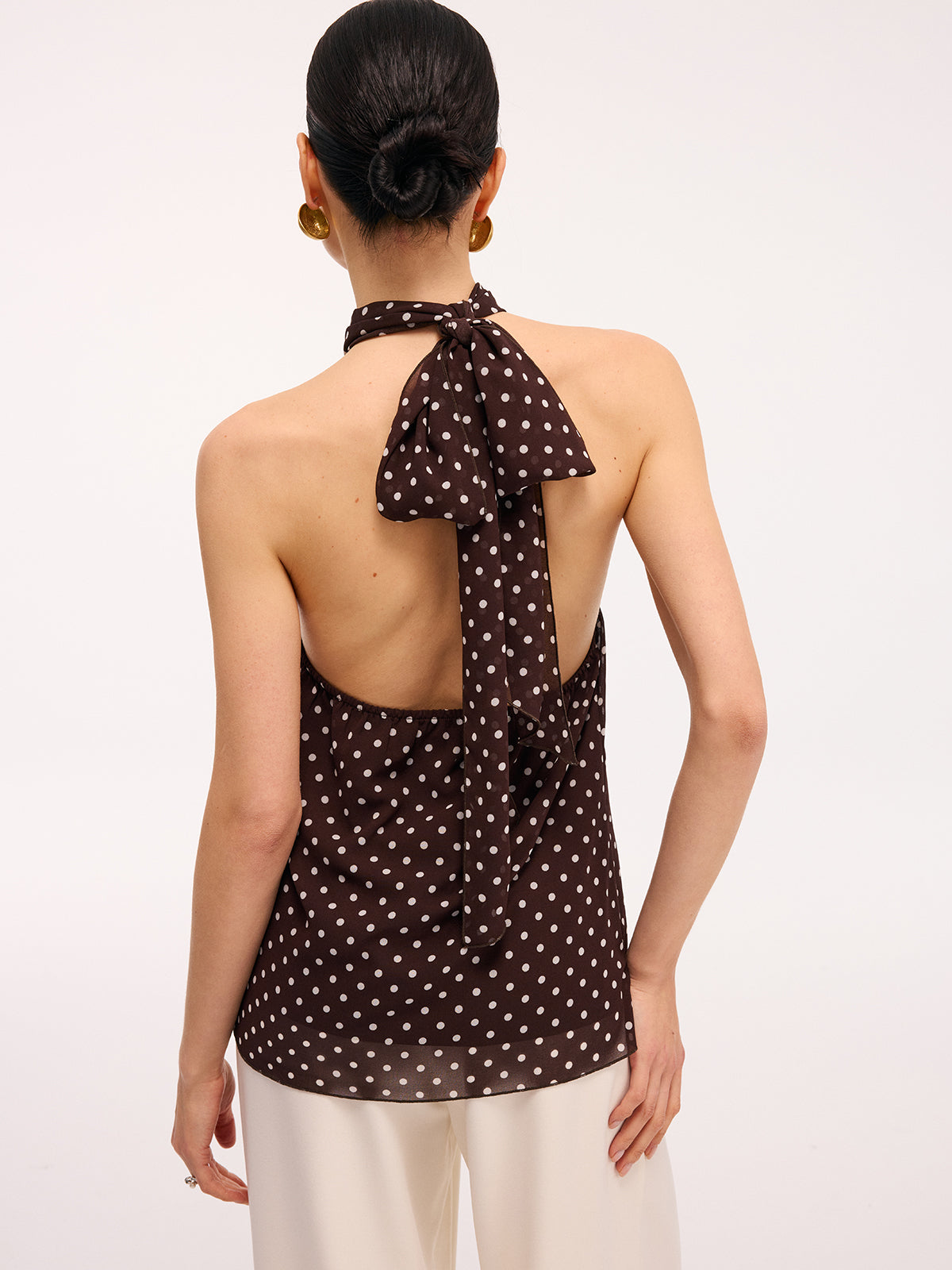Metal Detail Backless Polka Dot Halter Top