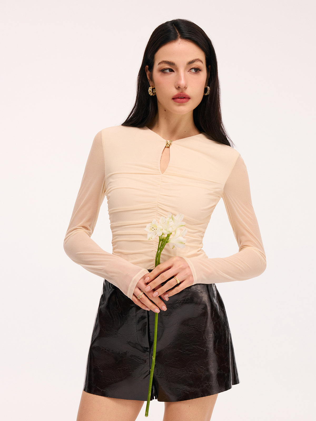 Keyhole Sheer Long-Sleeve Ruched Top