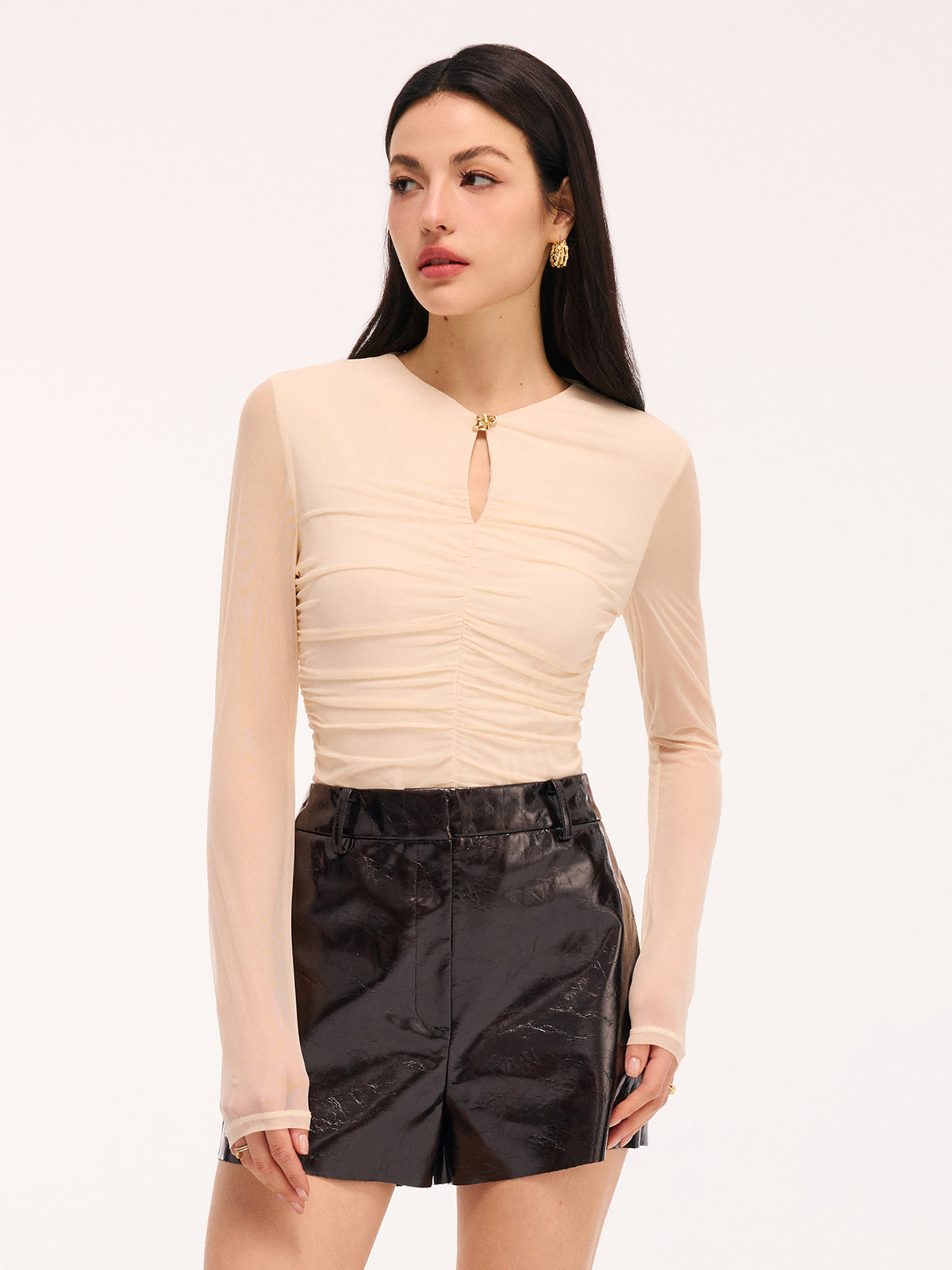 Keyhole Sheer Long-Sleeve Ruched Top