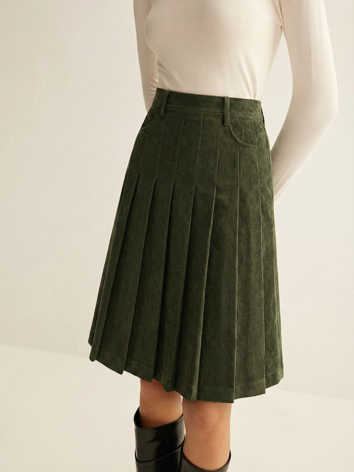 Pleated Corduroy Midi Skirt