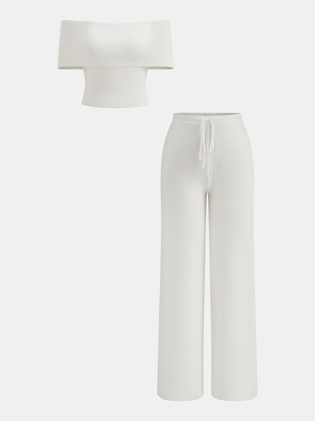 Ensemble haut côtelé épaules dénudées et pantalon à cordon de serrage