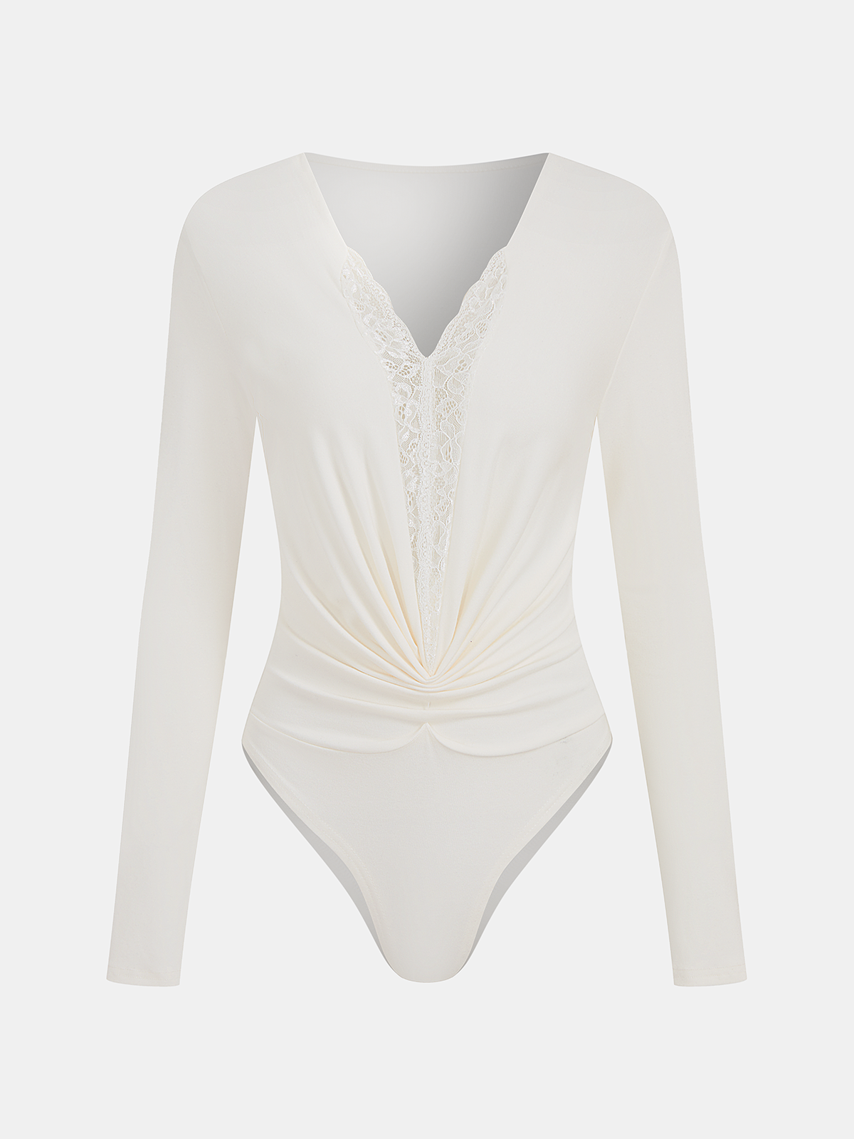 Long-Sleeve Lace Panel Ruched Bodysuit