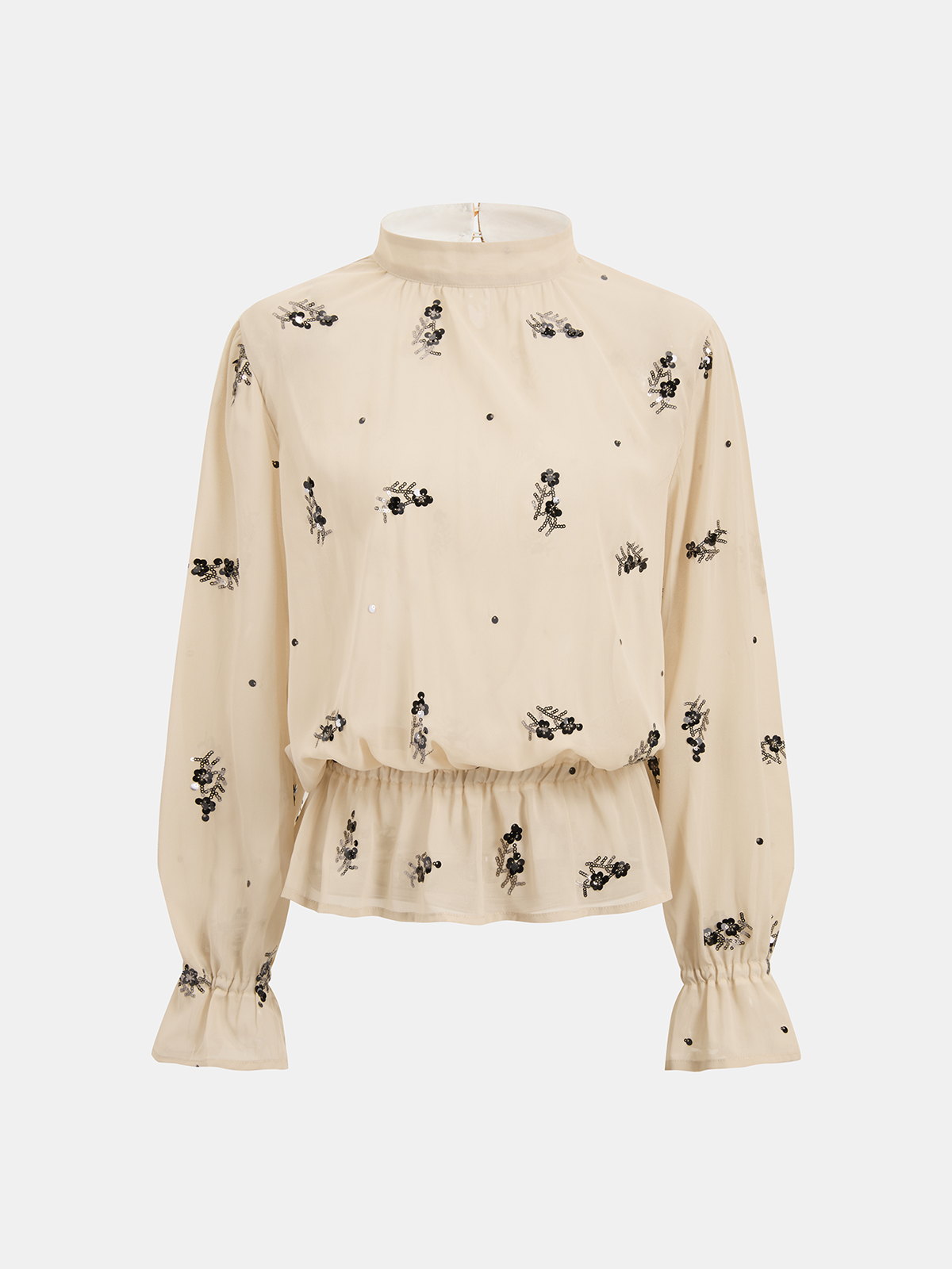 Sequin Floral Mock Neck Smocked Waist Blouse