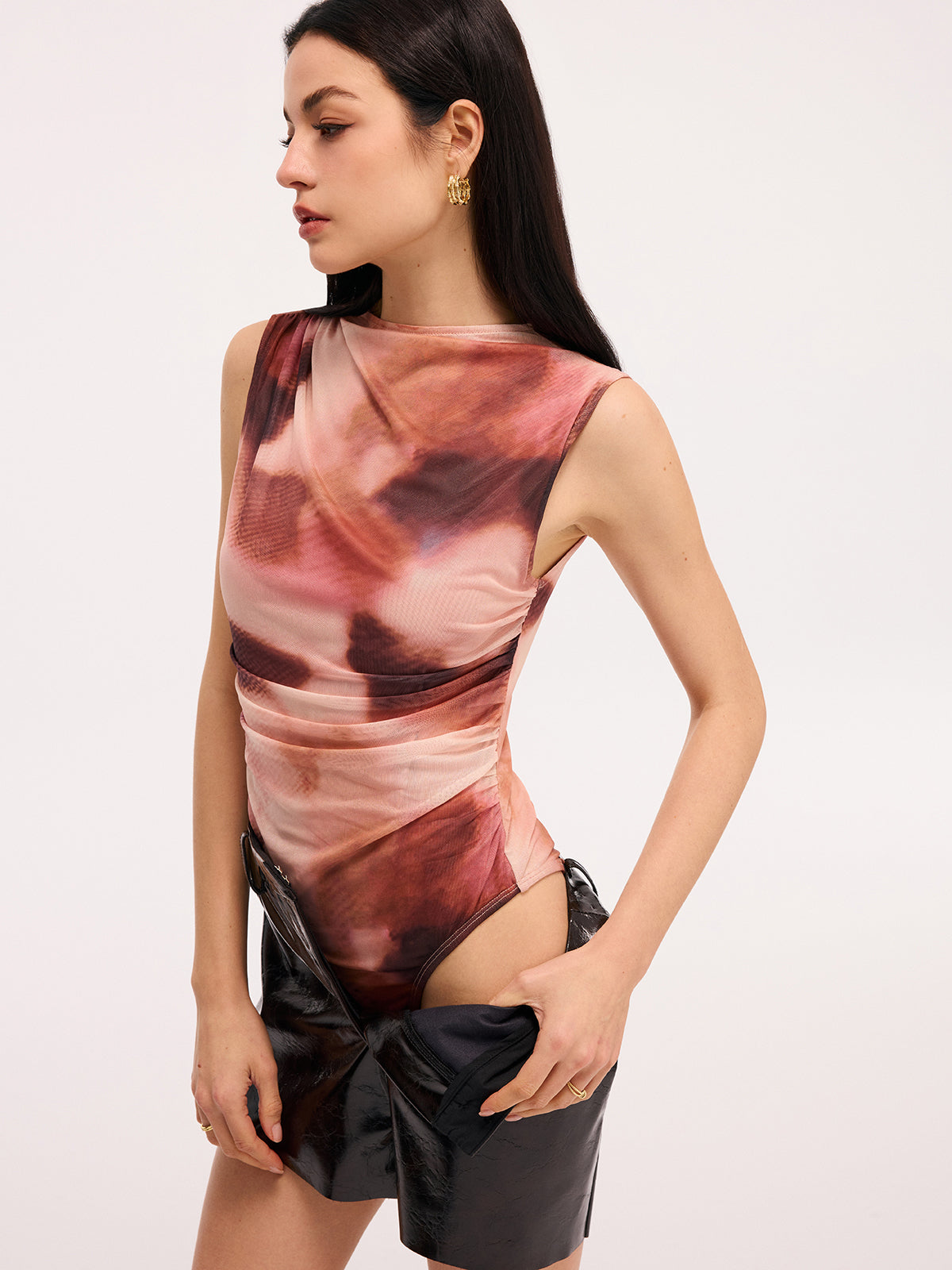 Tie-Dye Sleeveless Ruched Bodysuit