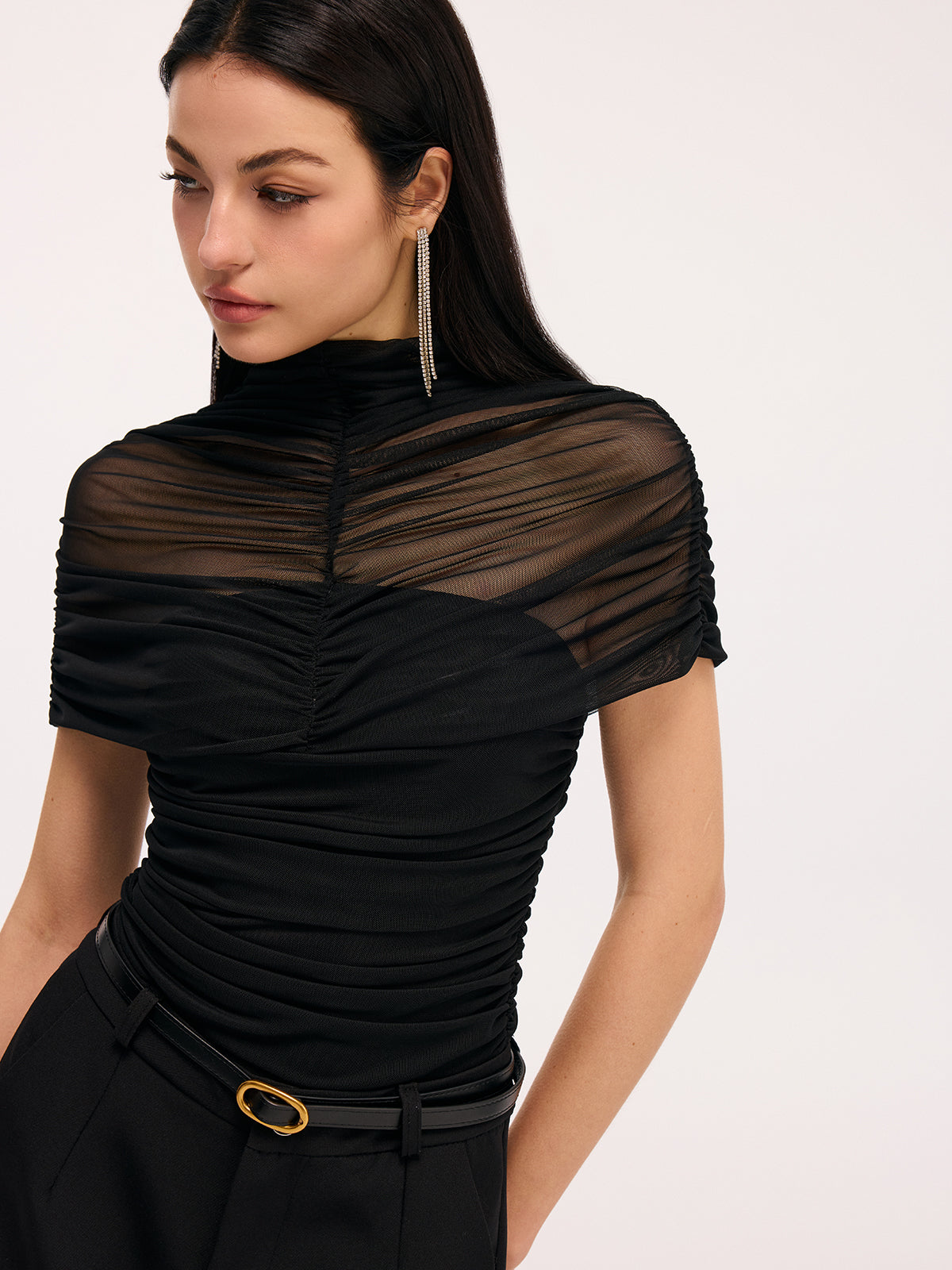 Sheer Panel Ruched Short-Sleeve Bodysuit