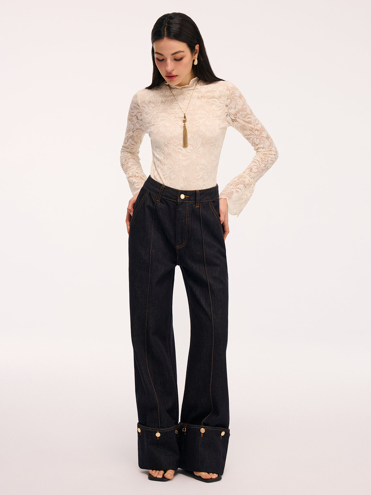 Lace Flared-Sleeve Mock Neck Bodysuit