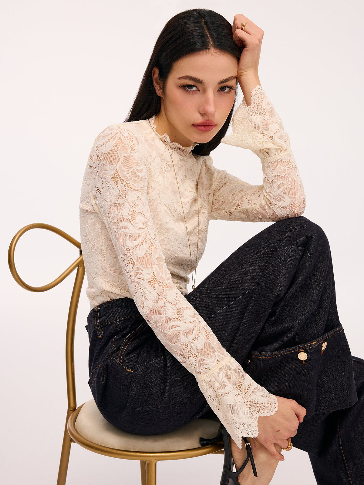 Lace Flared-Sleeve Mock Neck Bodysuit