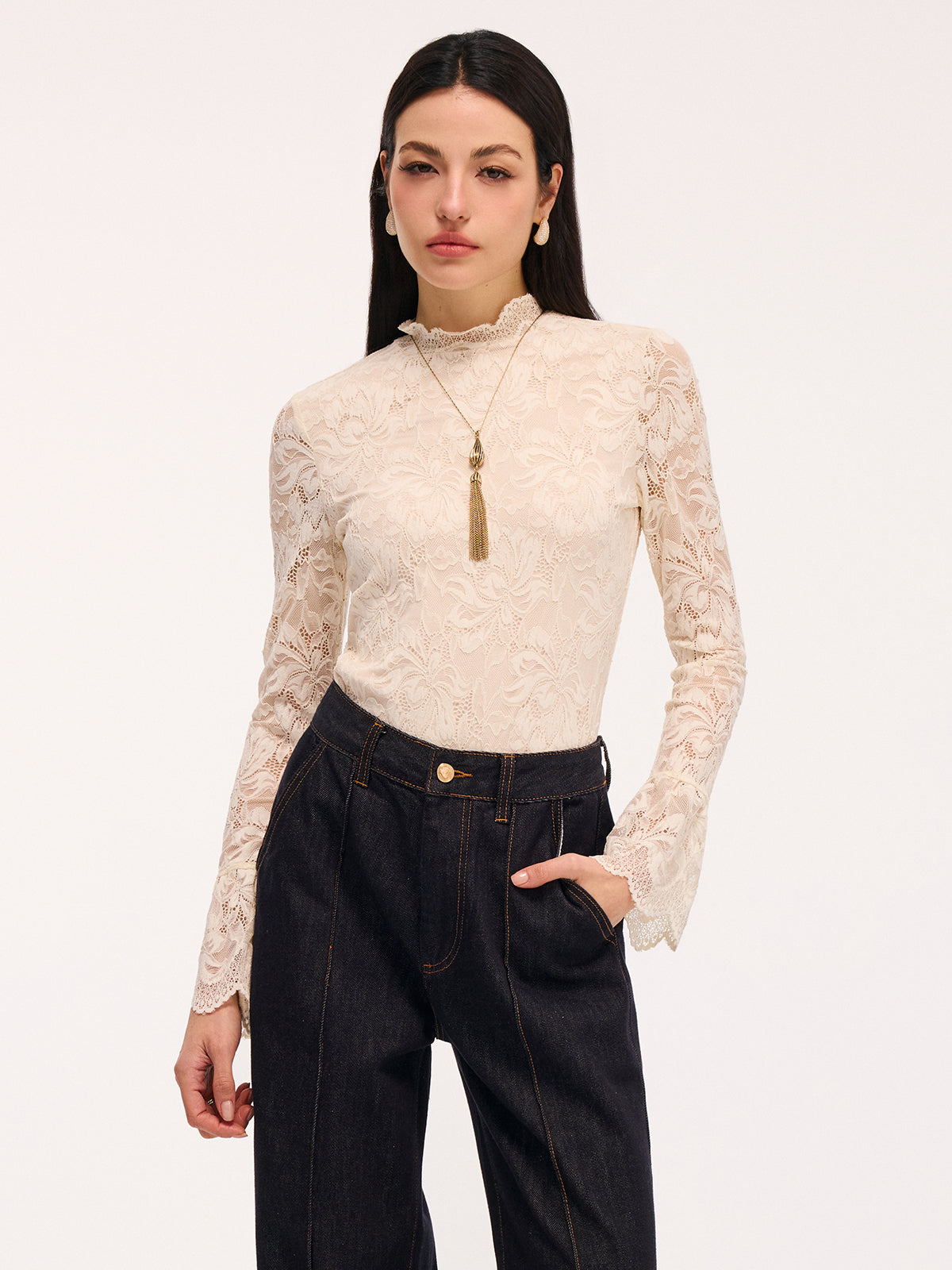 Lace Flared-Sleeve Mock Neck Bodysuit