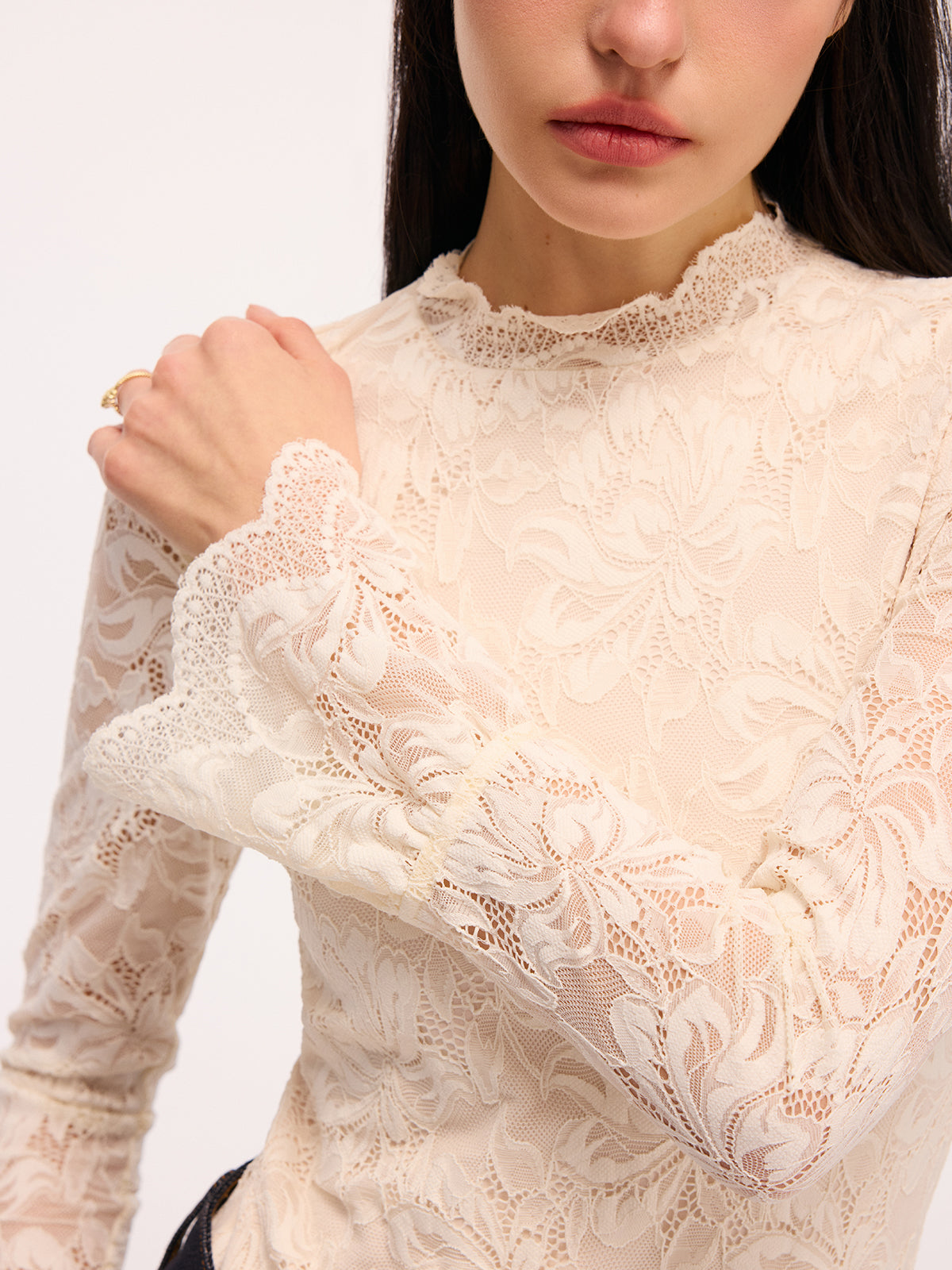 Lace Flared-Sleeve Mock Neck Bodysuit