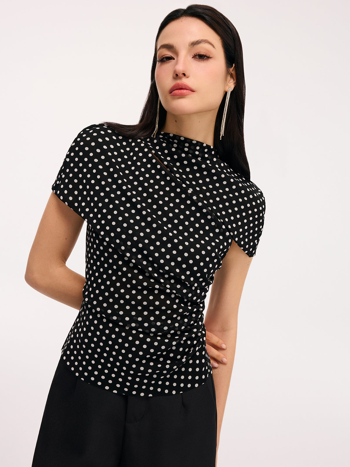 Polka Dot Cut-Out Ruched Short-Sleeve Blouse