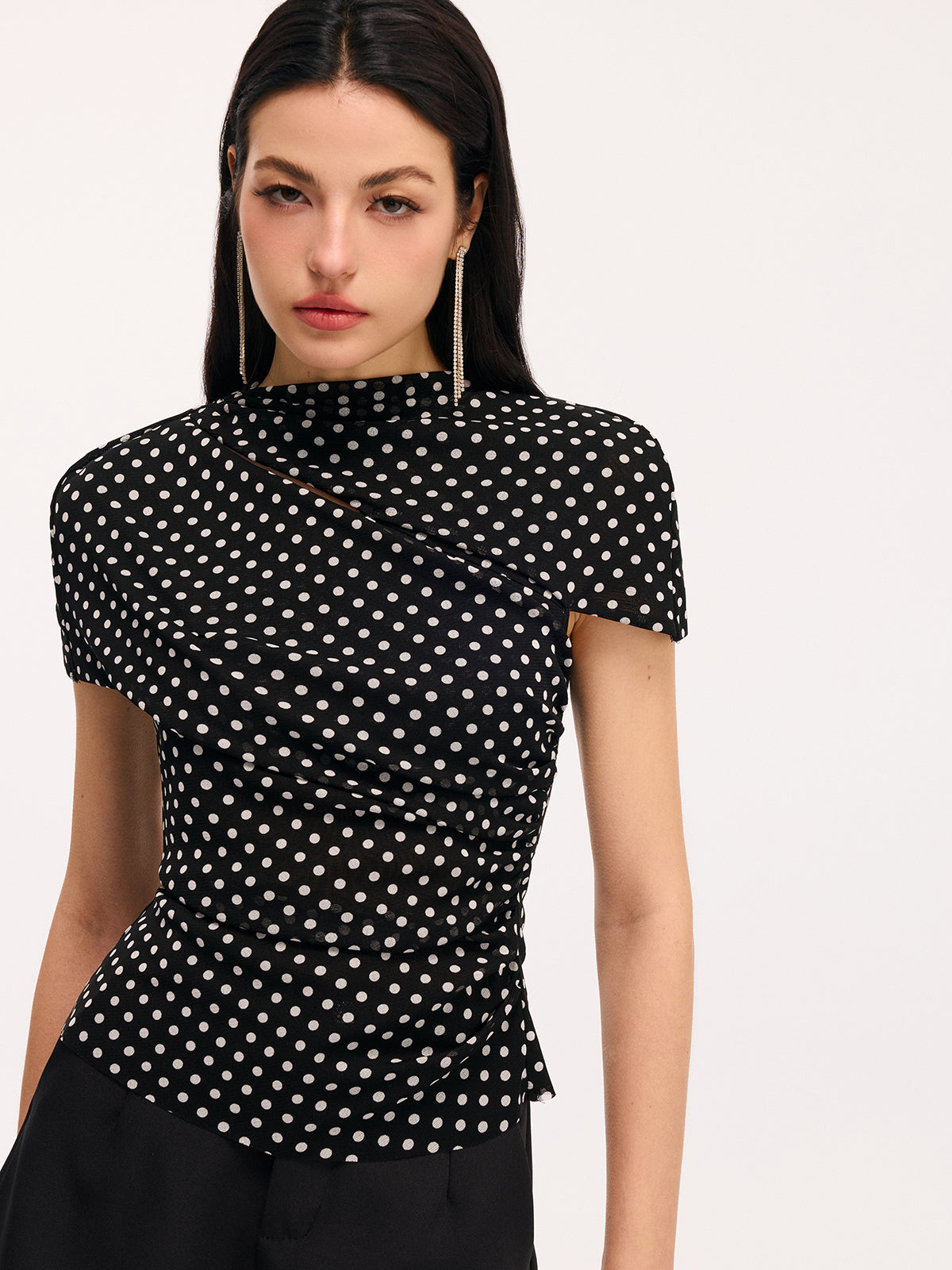Polka Dot Cut-Out Ruched Short-Sleeve Blouse