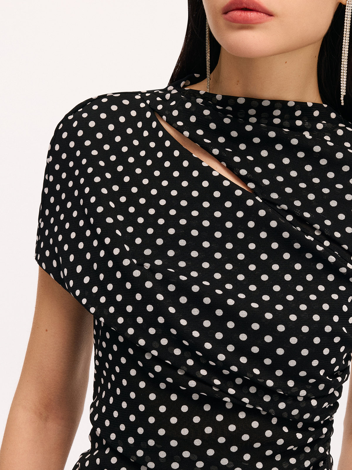Polka Dot Cut-Out Ruched Short-Sleeve Blouse