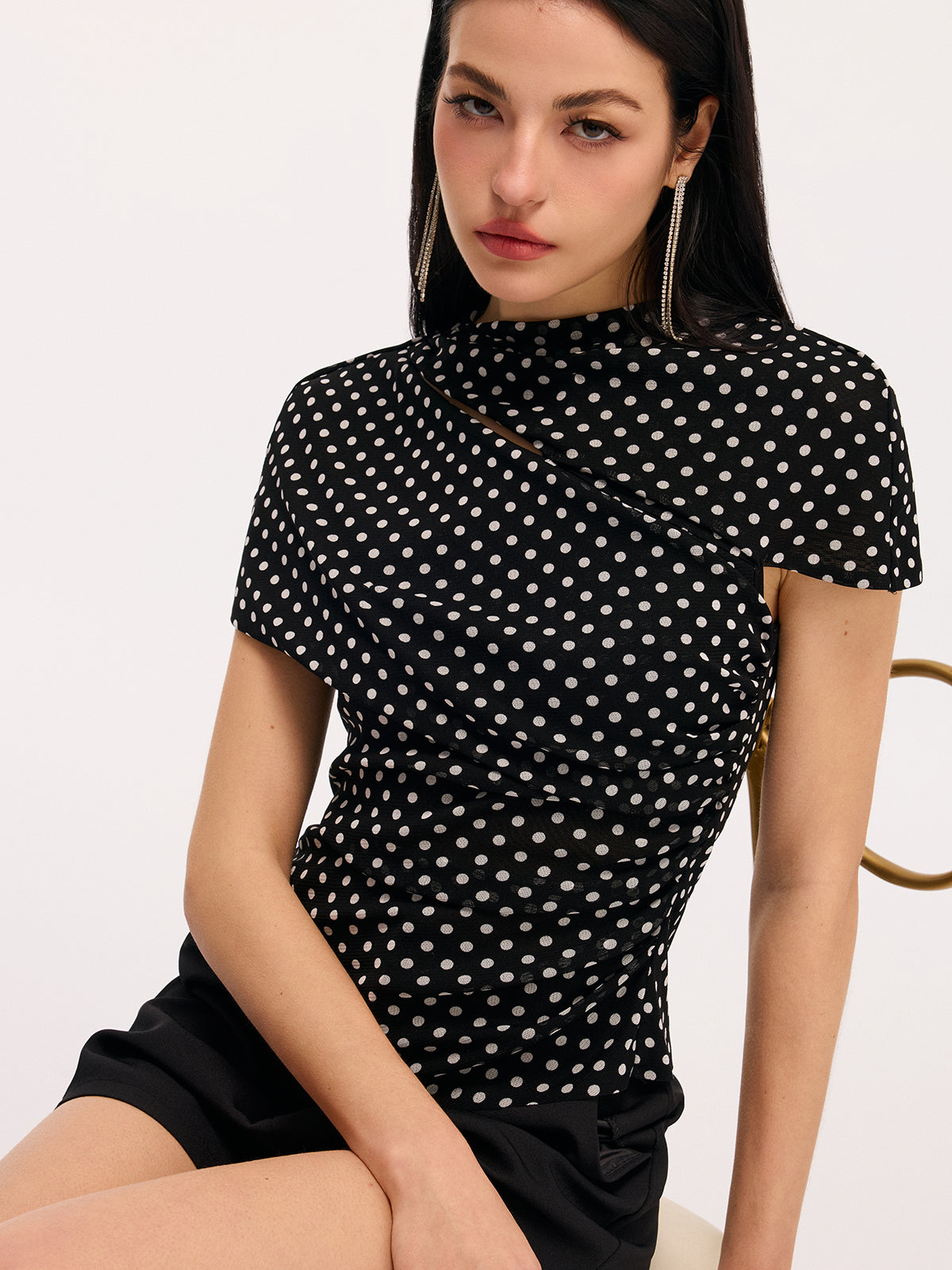 Polka Dot Cut-Out Ruched Short-Sleeve Blouse