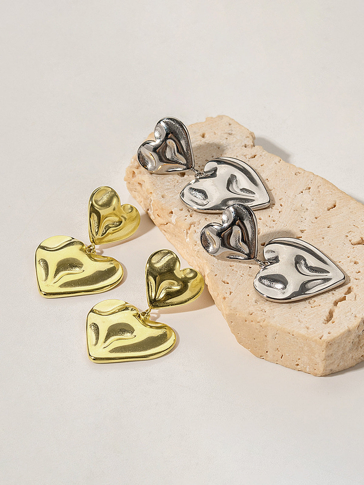 Double Crinkled Heart Drop Earrings