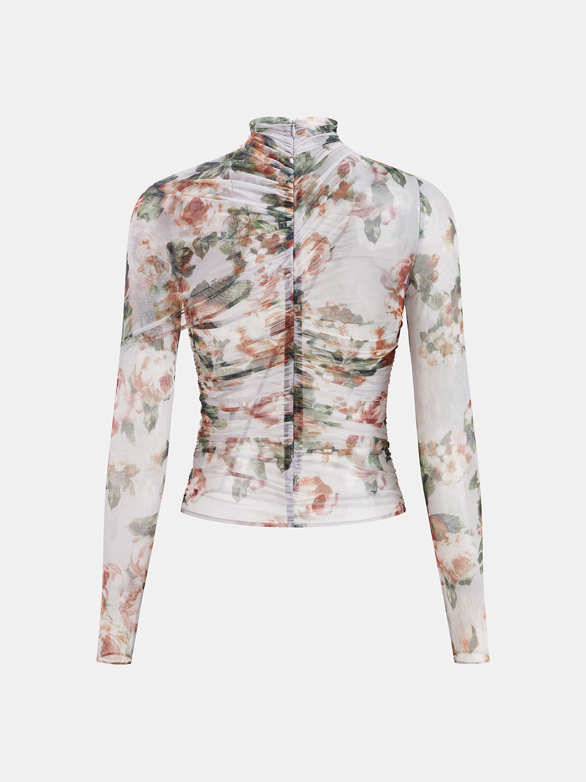 Floral Mesh Ruched High Neck Blouse