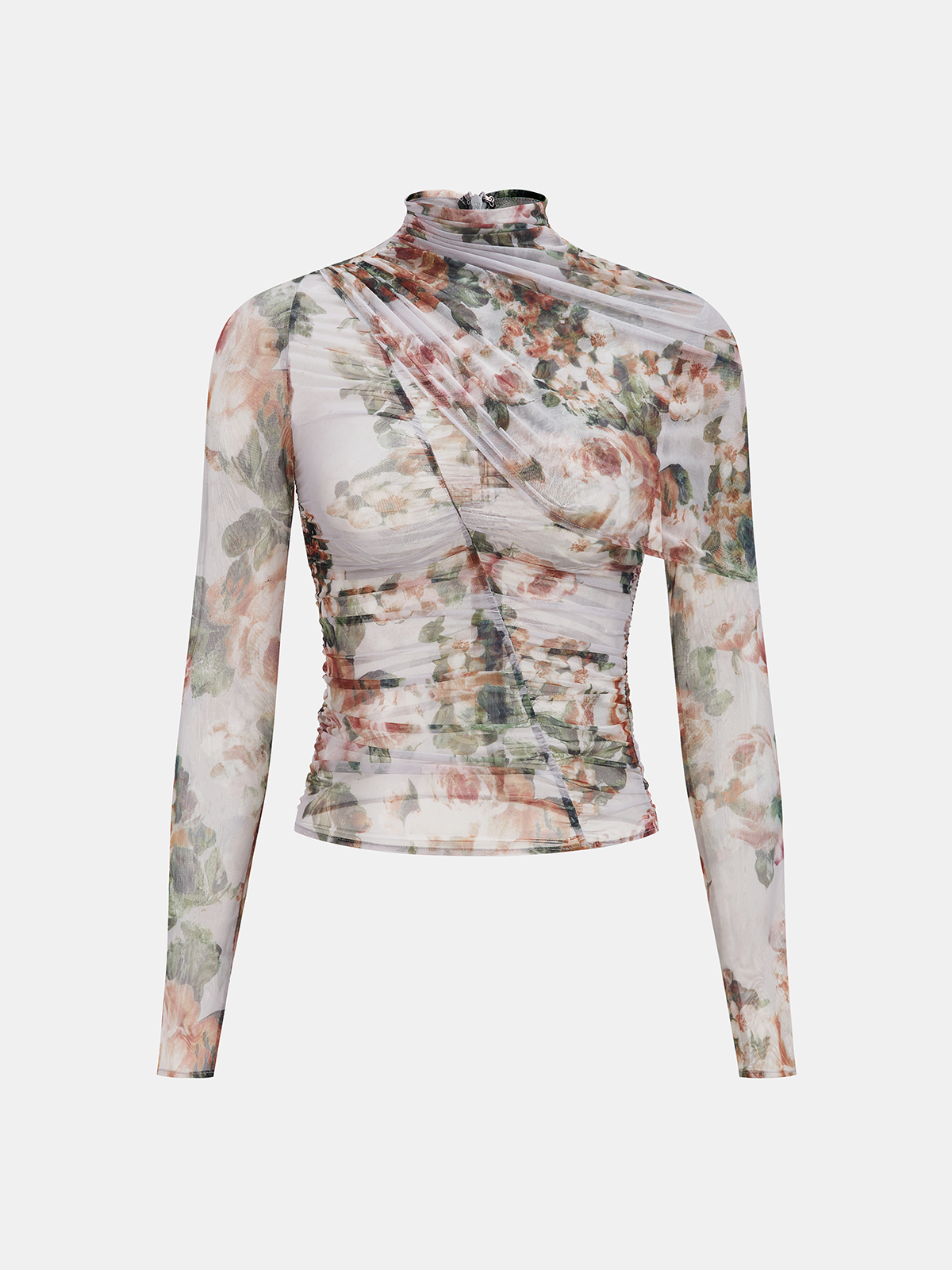 Floral Mesh Ruched High Neck Blouse