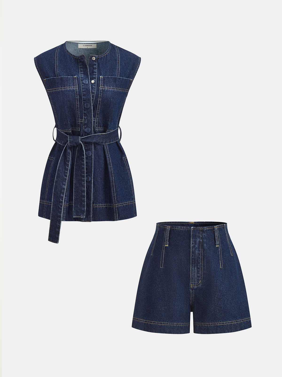 Belted Denim Sleeveless Vest & Shorts Set