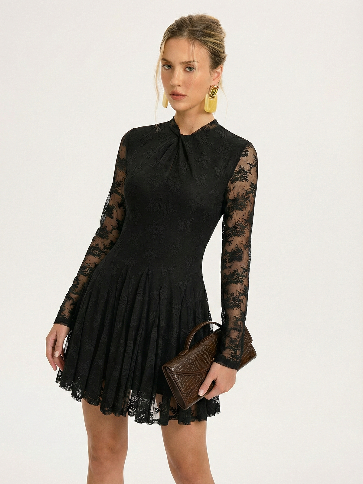 Lace Sheer-Sleeve & Cami Liner Two-Piece Mini Dress