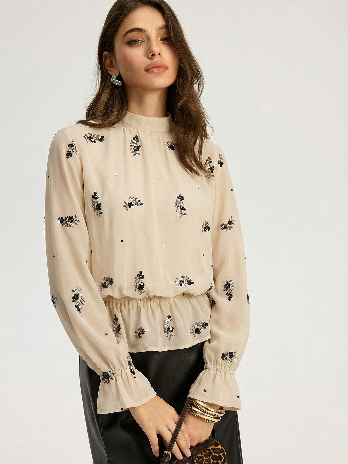 Sequin Floral Mock Neck Smocked Waist Blouse