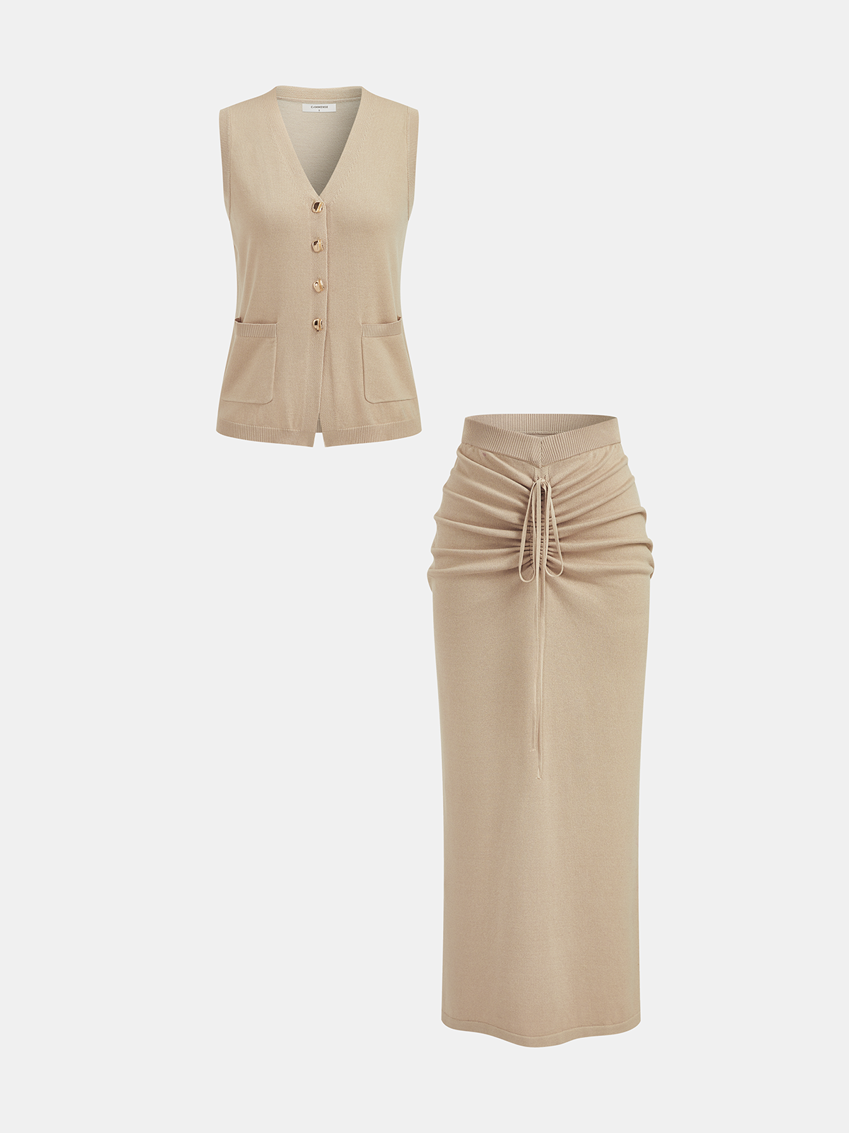 Buttoned Knit Vest & Ruched Midi Skirt Set