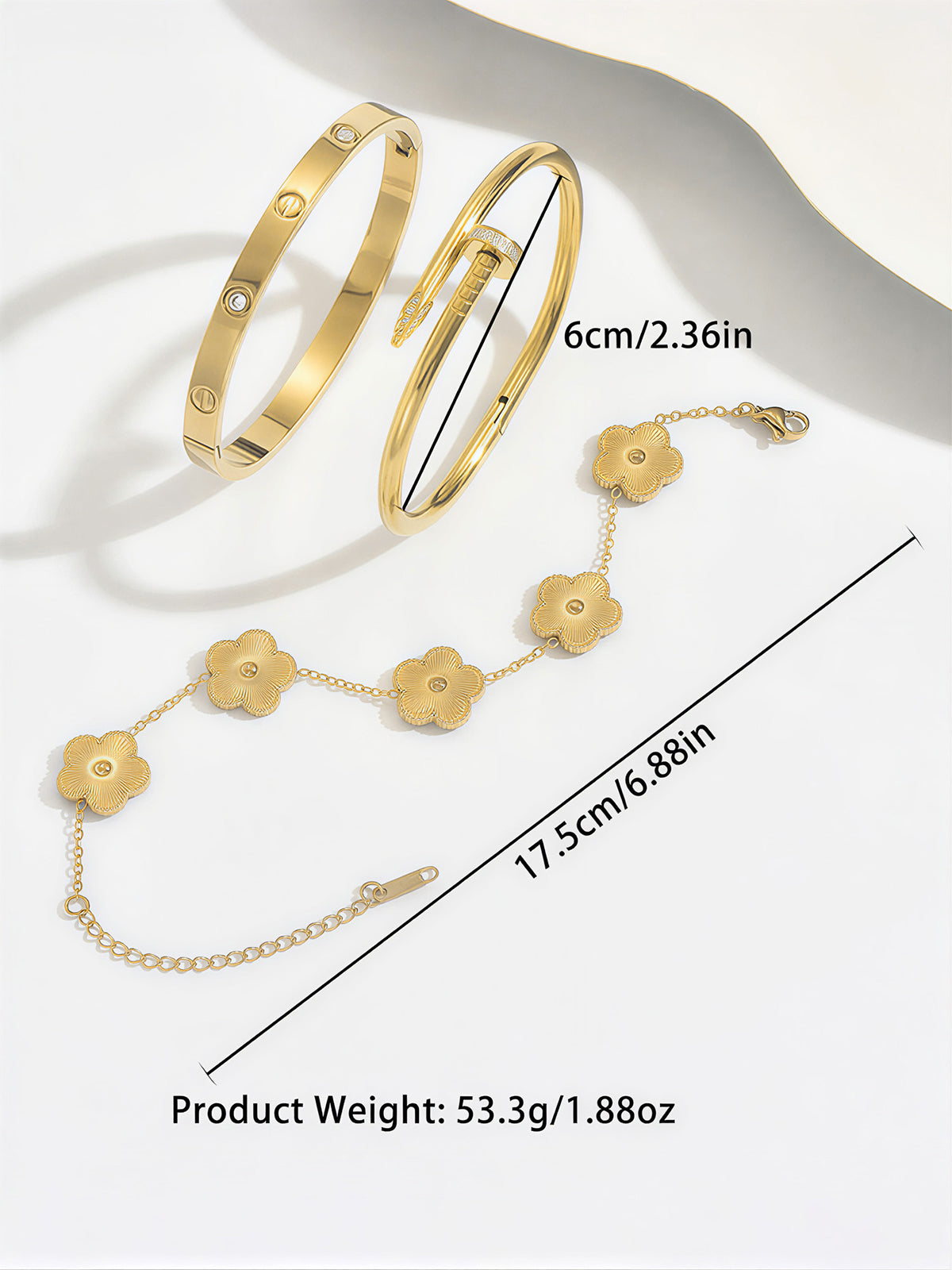 Lot de 3 bracelets vis, clou et trèfle