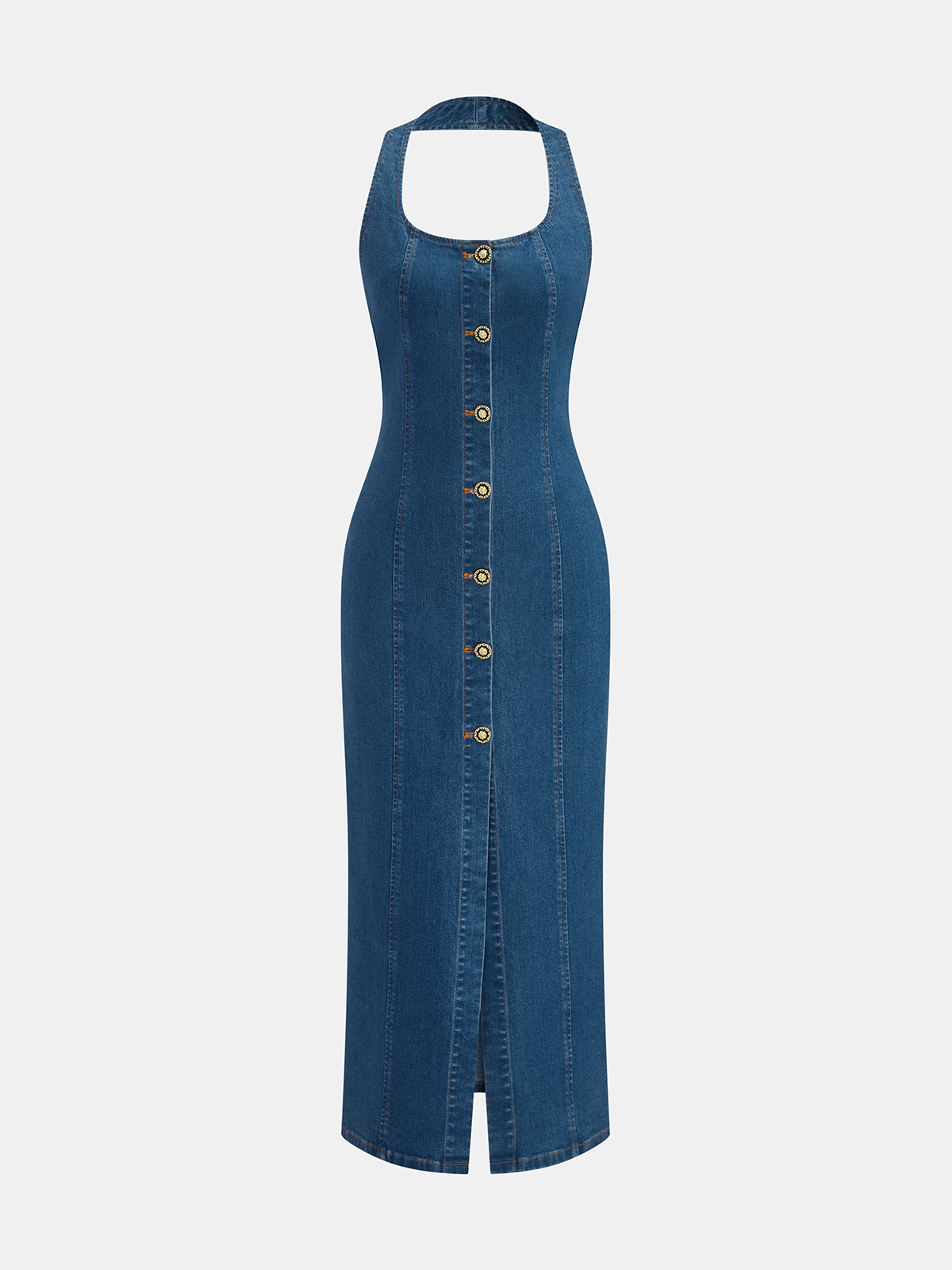 Robe longue en jean à licou boutonnée sur le devant