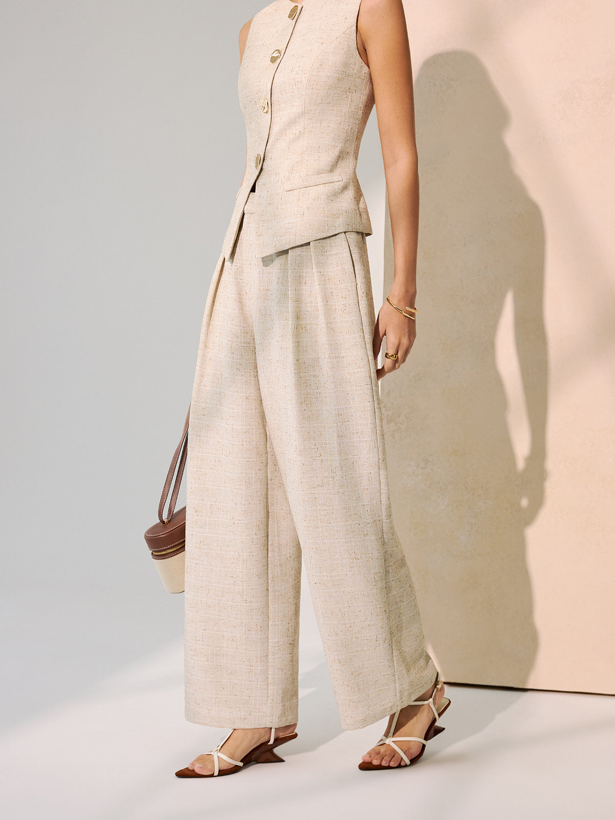 Metal Button Vest & Wide-Leg Pants Set
