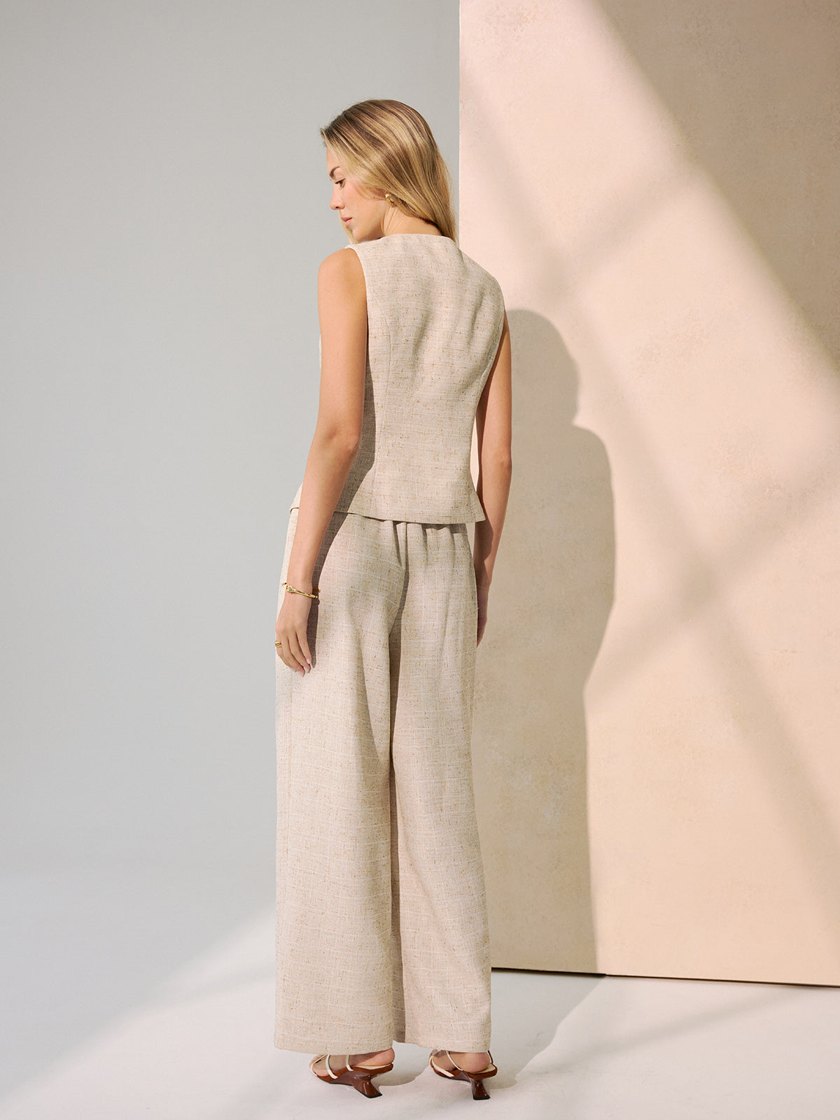 Metal Button Vest & Wide-Leg Pants Set