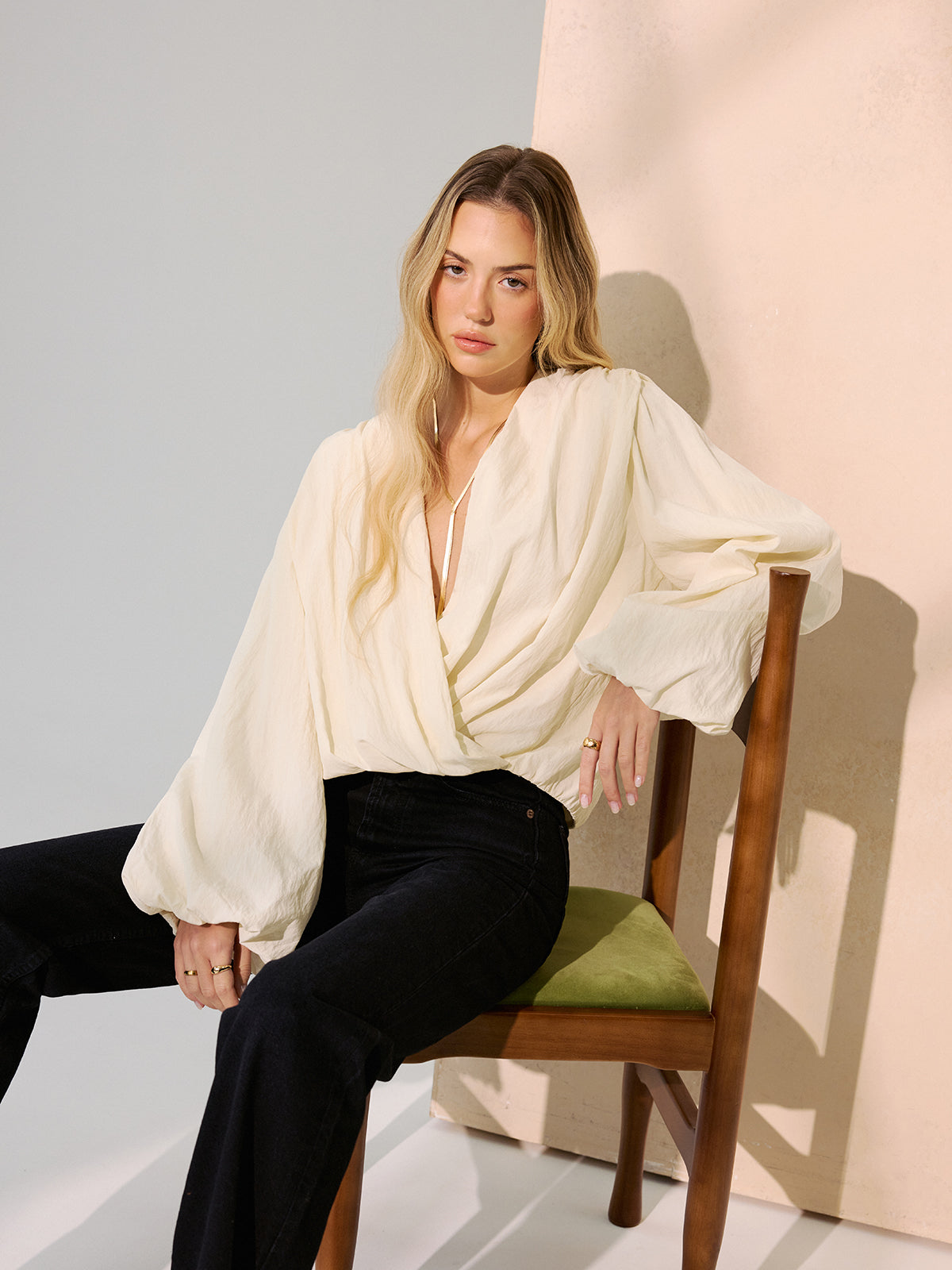 Wrap-Front Puff Sleeve Blouse